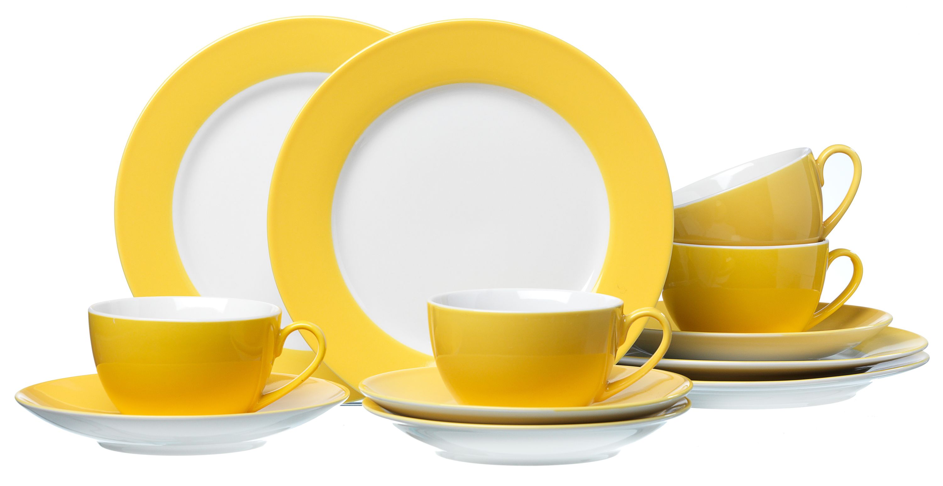 Kaffeegeschirr mit weißen Tellern und gelbem Rand gelbe Tassen mit Henkel auf passenden Untertassen