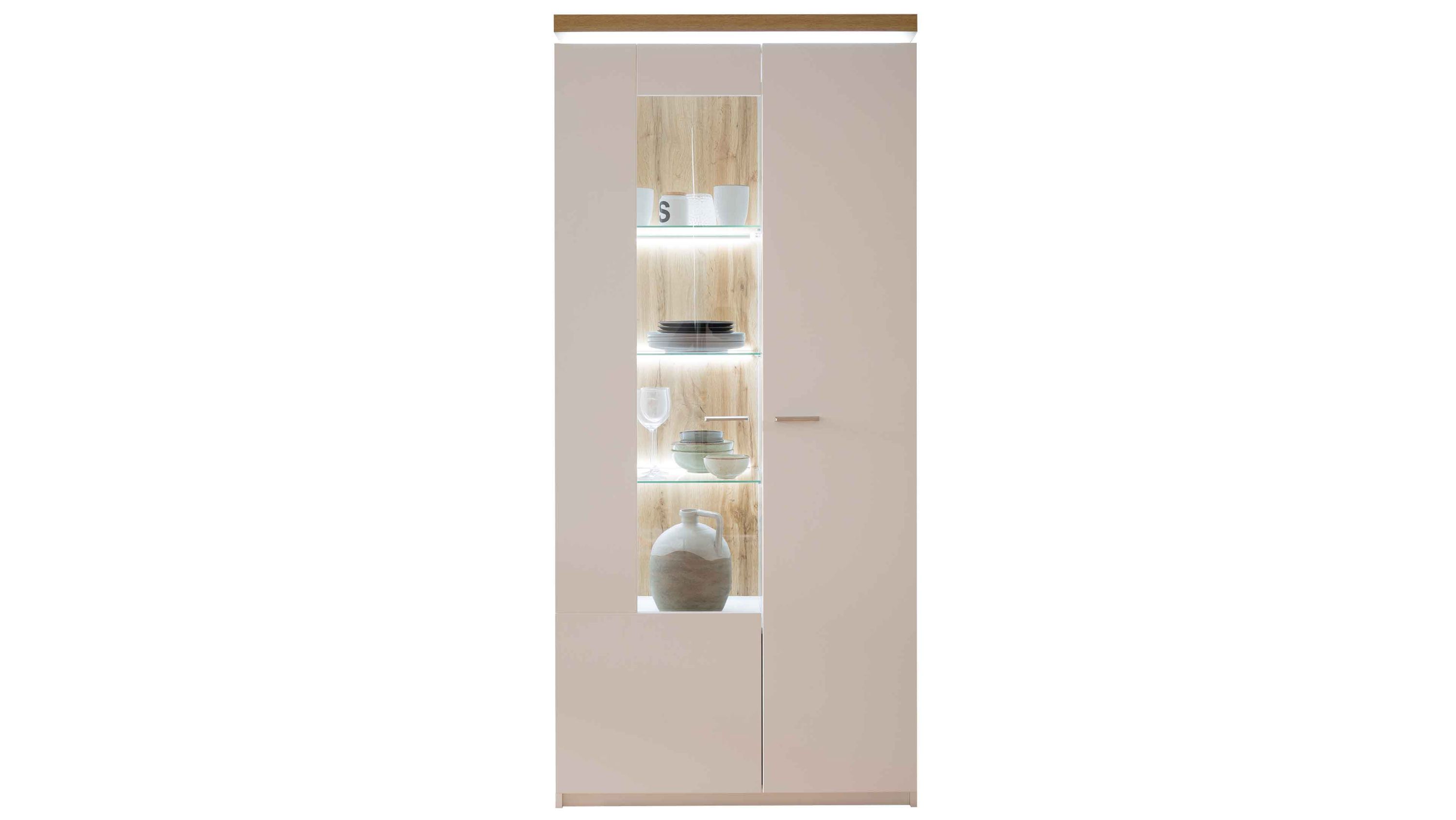 Kombivitrine mit zwei Türen eine Tür mit Glasfenster und Innenbeleuchtung weiß und holzfarben
