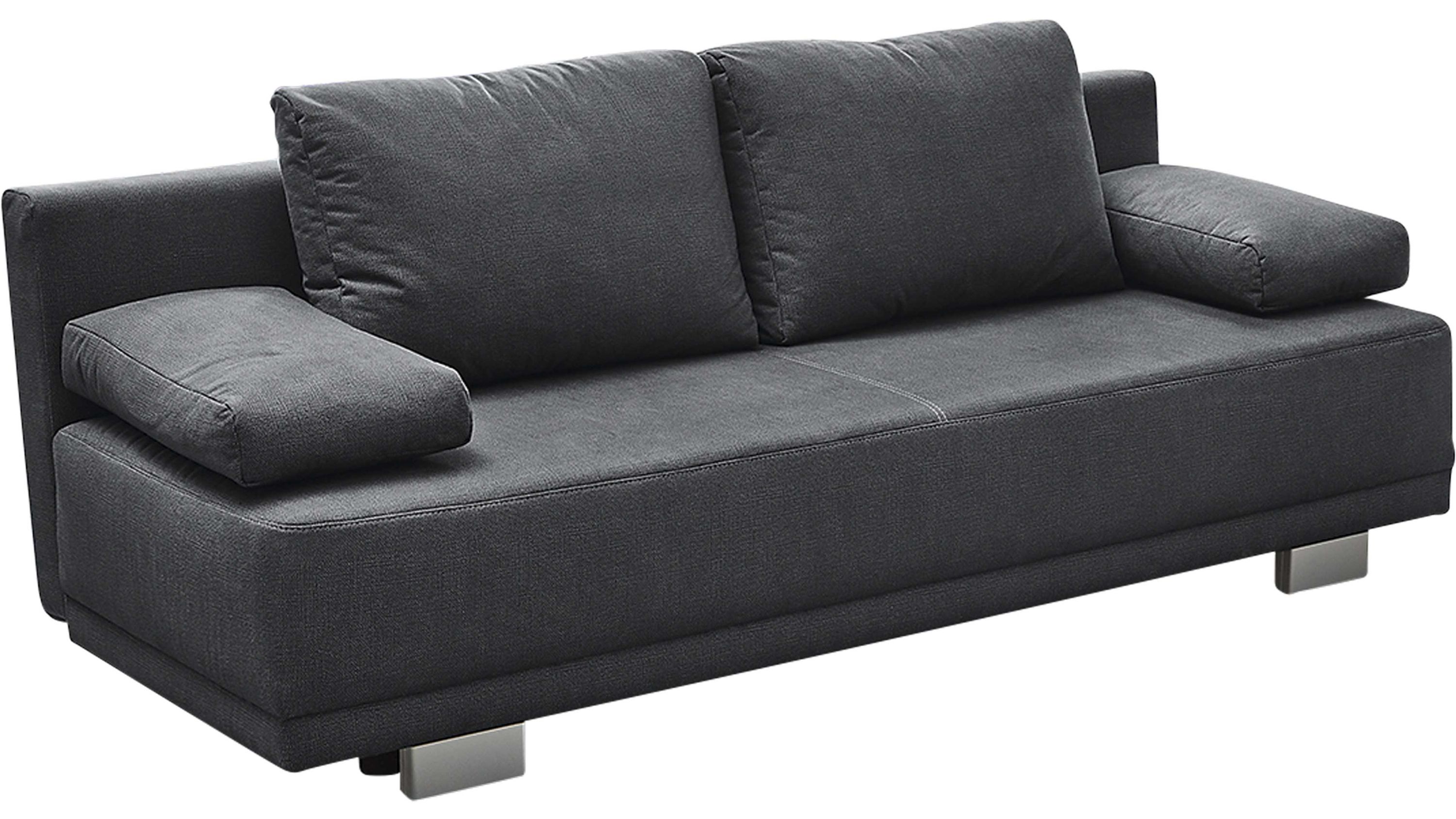Dunkelgraues Schlafsofa mit zwei Rückenkissen und breiten Armlehnen aus Flachgewebe