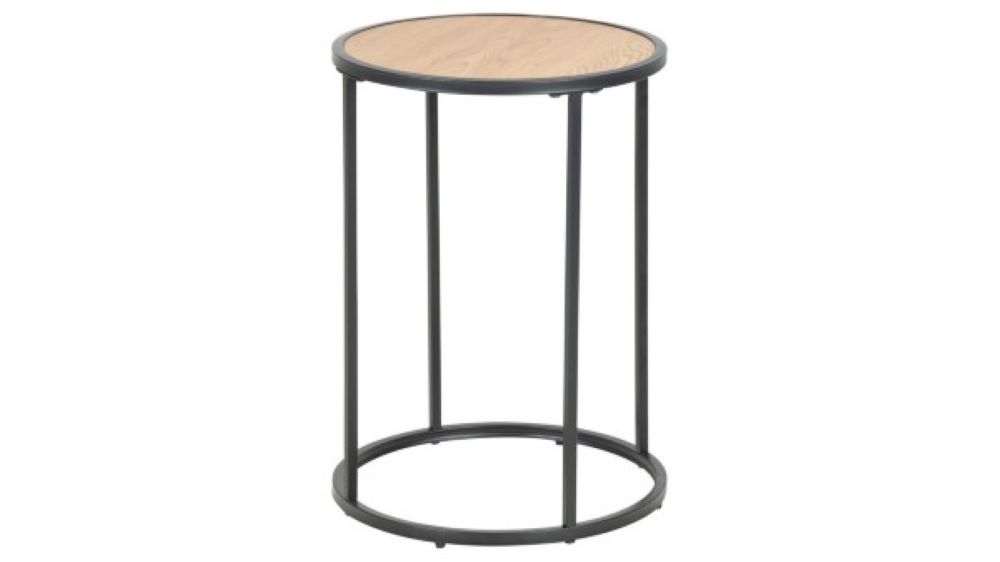 Runder Beistelltisch mit Holzplatte Runder Beistelltisch mit Holzplatte und schwarzem Metallrahmen mit vier senkrechten Streben, frontal aufgenommen.