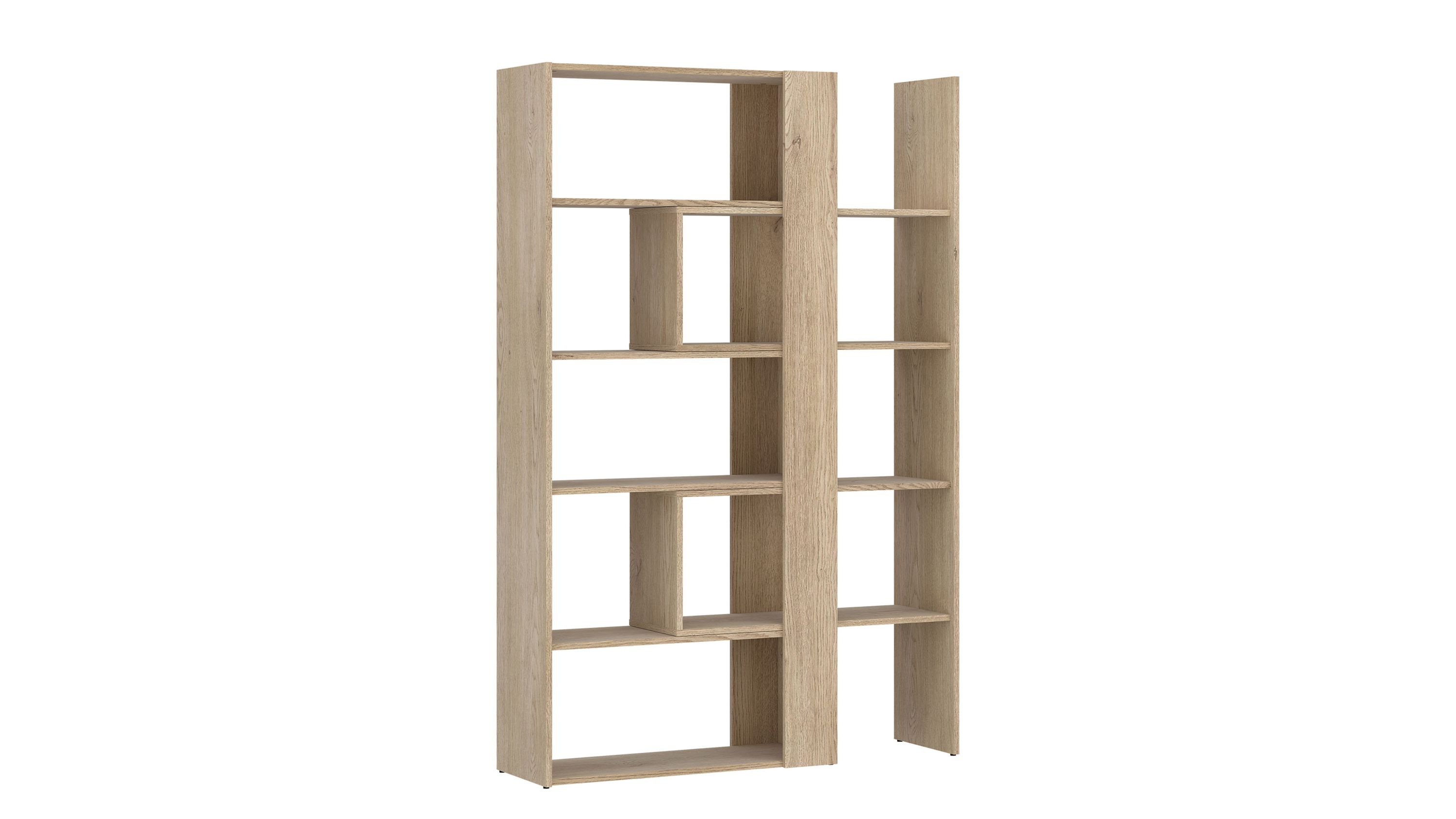 Offenes Regal in hellem Holzfarben mit asymmetrischen Fächern Offenes Regal mit mehreren Fächern in hellem Holzfarben mit asymmetrischem Design