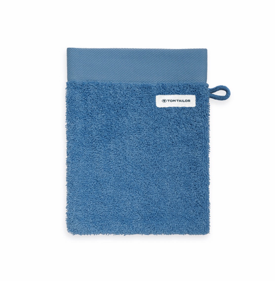 Blauer Waschhandschuh aus dem 6er-Set mit seitlichem Aufhänger und Markenlabel oben