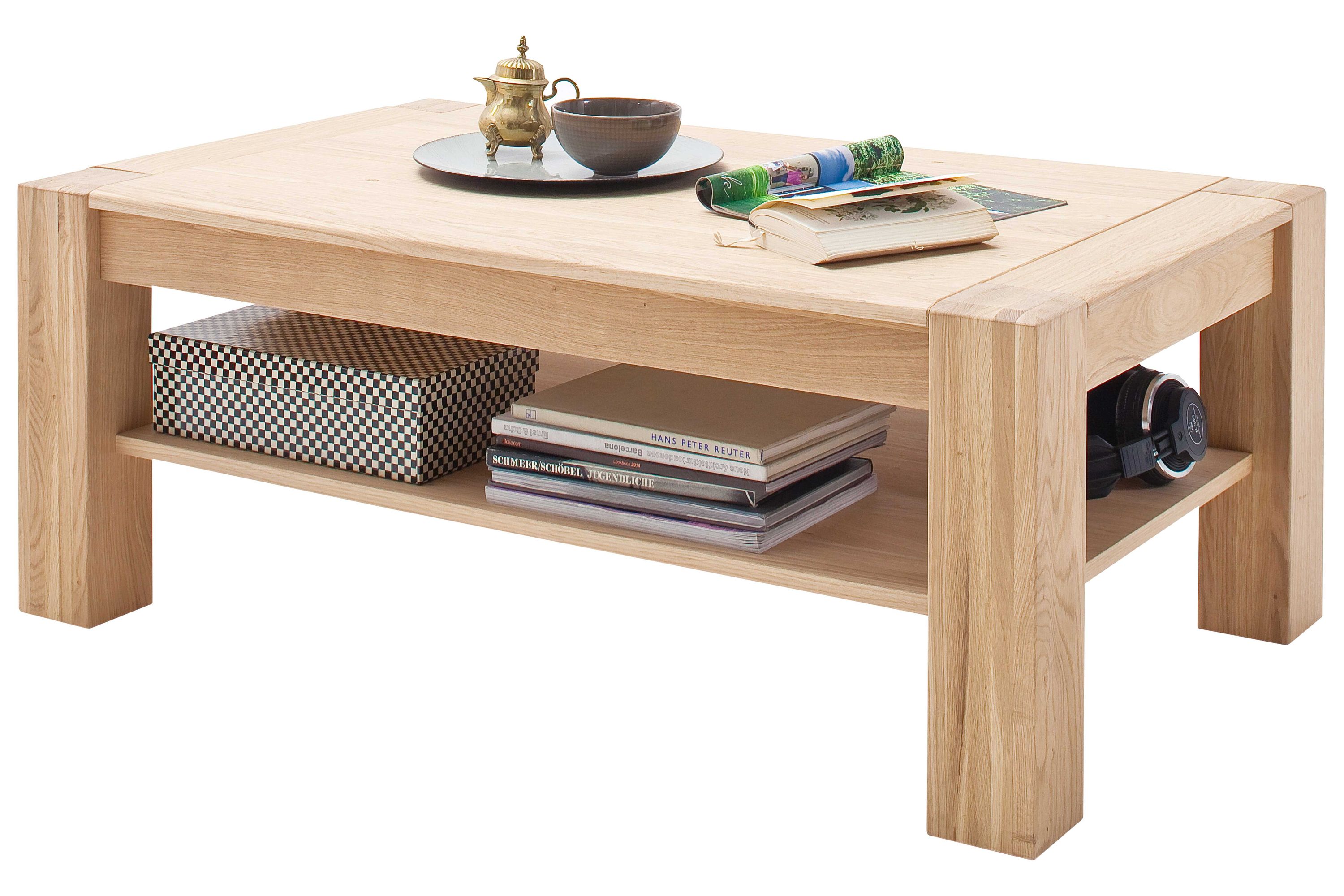 Couchtisch aus hellem Holz mit Ablagefläche Rechteckiger Couchtisch aus hellem Holz mit dicken Beinen und Ablagefläche darunter