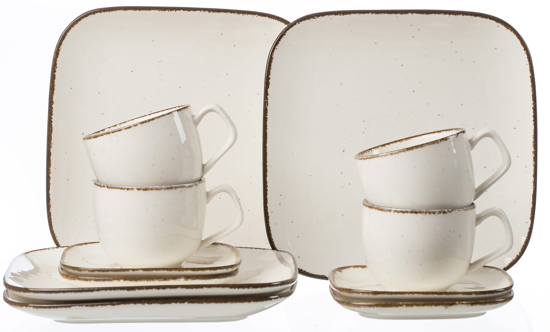 12-teiliges Kaffeeservice in Weiß mit braunem Vintage-Rand  je 4 Tassen  Untertassen  Dessertteller