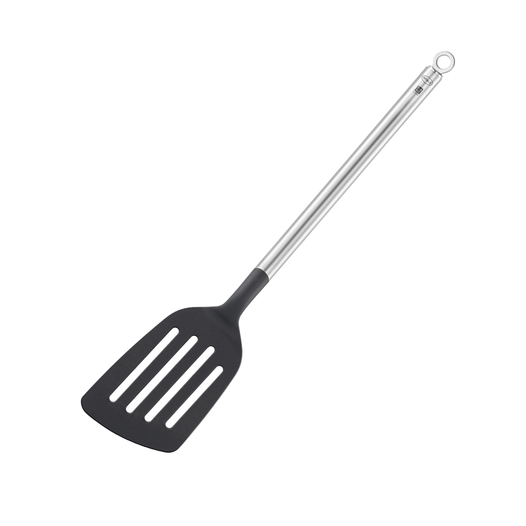 Pfannenwender mit geschlitztem Wenderkopf, schwarz/Silber Pfannenwender mit Edelstahlgriff und schwarzem geschlitztem Wenderkopf matt und rau aufgenommen frontal