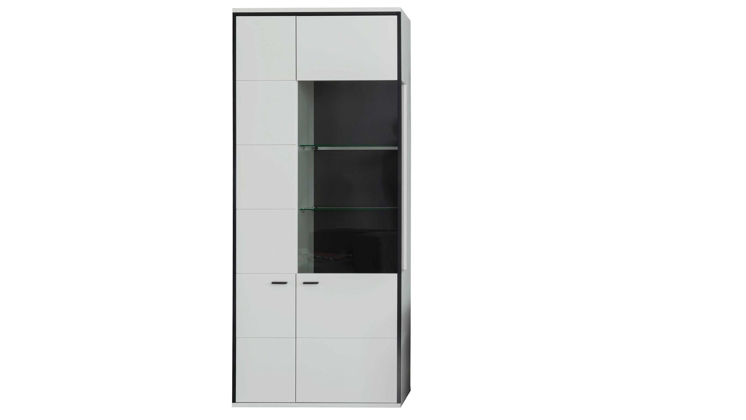 Weiße und schwarzgraue Vitrine mit zwei Türen Hohe Vitrine mit zwei Türen links weiß rechts mit Glas und schwarzem Hintergrund schwarze Griffe