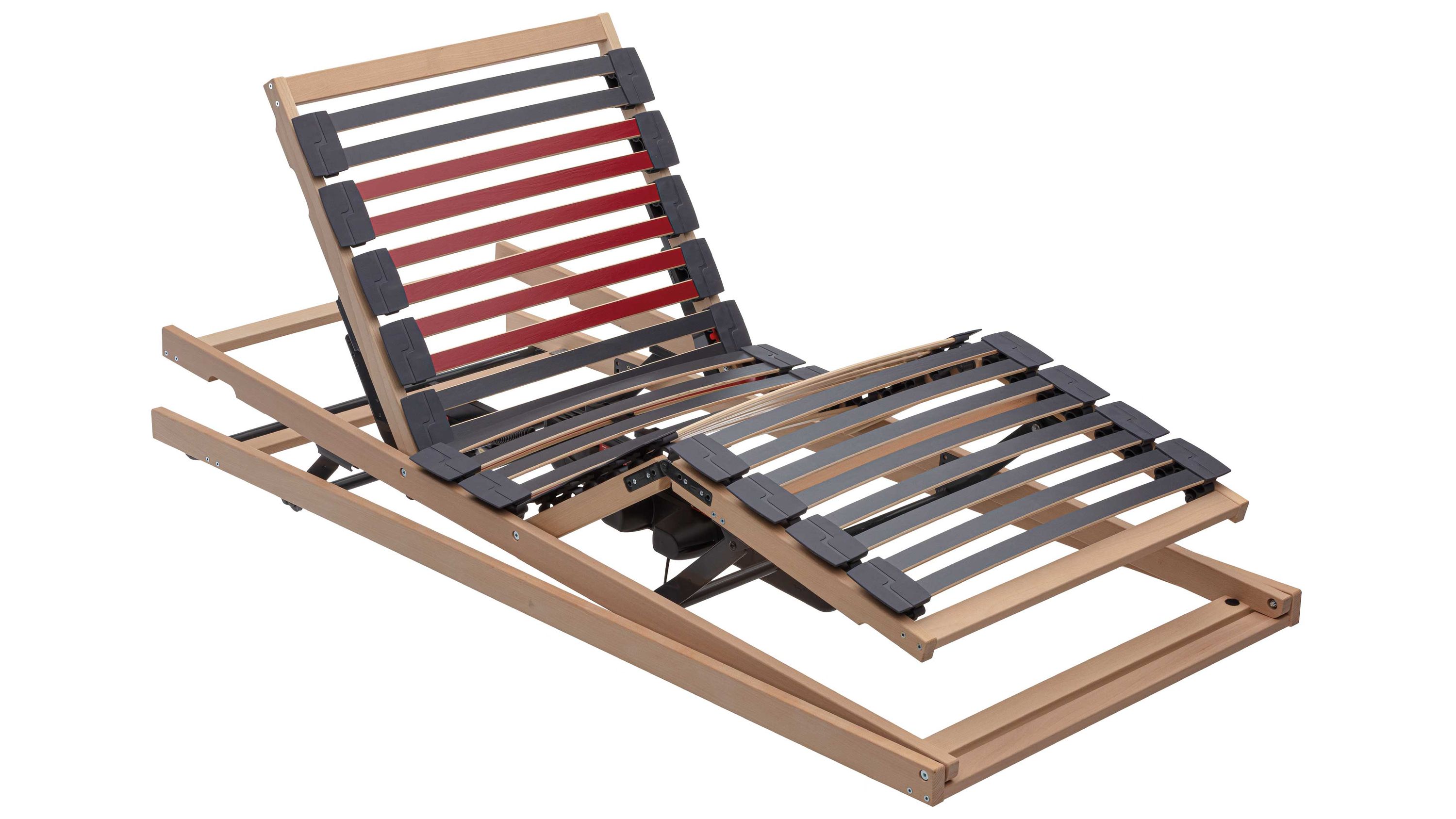 Verstellbarer Lattenrost mit Holzrahmen und farbigen Latten Lattenrost mit verstellbarem Kopf- und Fußteil Holzrahmen mit schwarzen und roten Latten