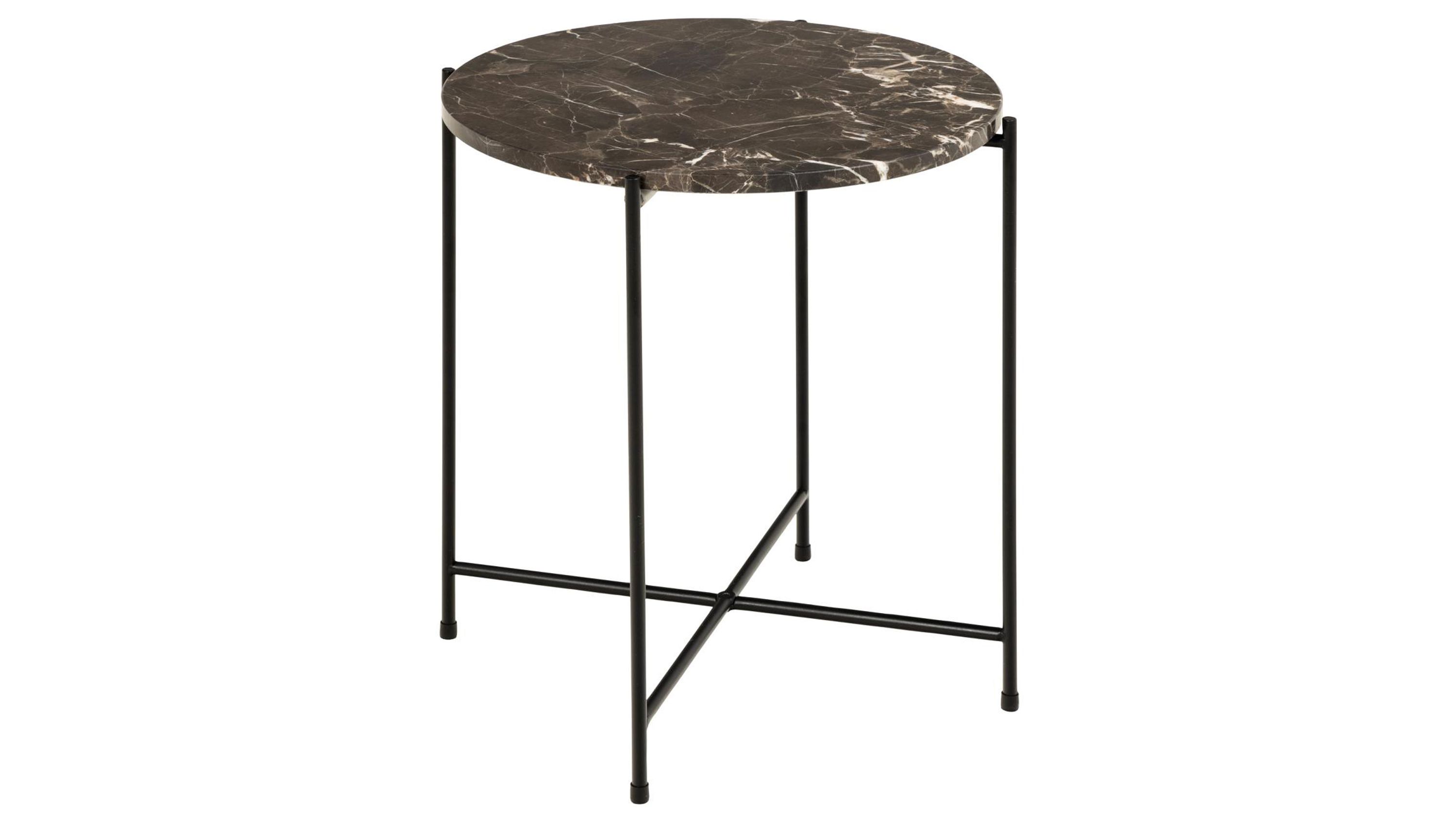 Runder Beistelltisch mit Marmorplatte und Metallgestell Runder Beistelltisch mit brauner Marmorplatte und schwarzem Metallgestell mit vier Beinen