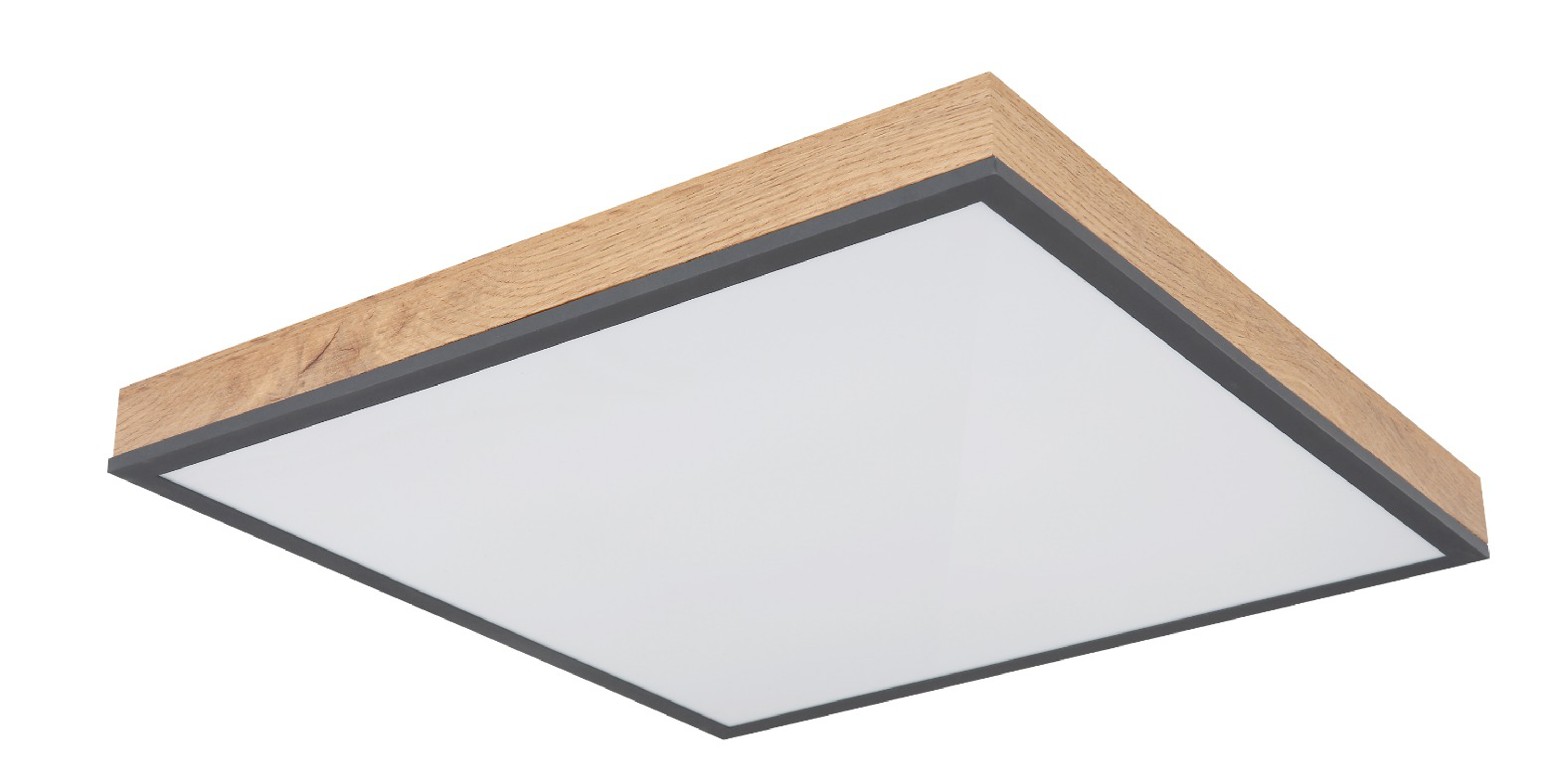 Quadratische Deckenleuchte aus Aluminium mit weißem Diffusorpanel  flach und dimmbar  frontal freigestellt fotografiert