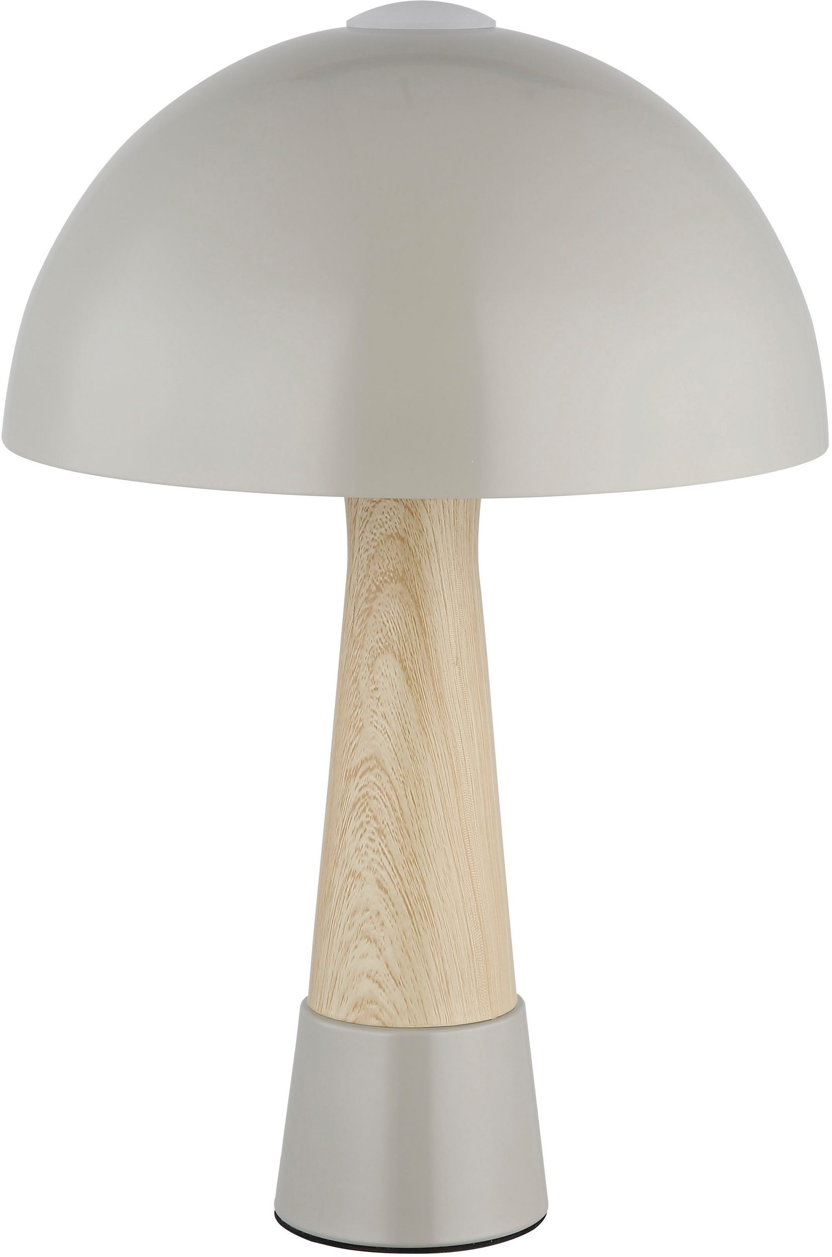 Retro-Tischleuchte mit grauem Schirm, Holzfuß Tischleuchte Retro-Stil mit grauem kuppelförmigem Schirm holzstrukturierter Stange grauer Metallfuß frontal