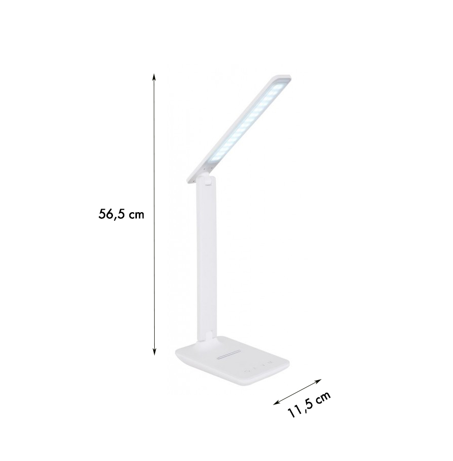 Maßzeichnung einer weißen LED-Tischlampe mit verstellbarem Arm; Höhe 36 5?cm  Sockellänge 12 5?cm  auf weißem Hintergrund