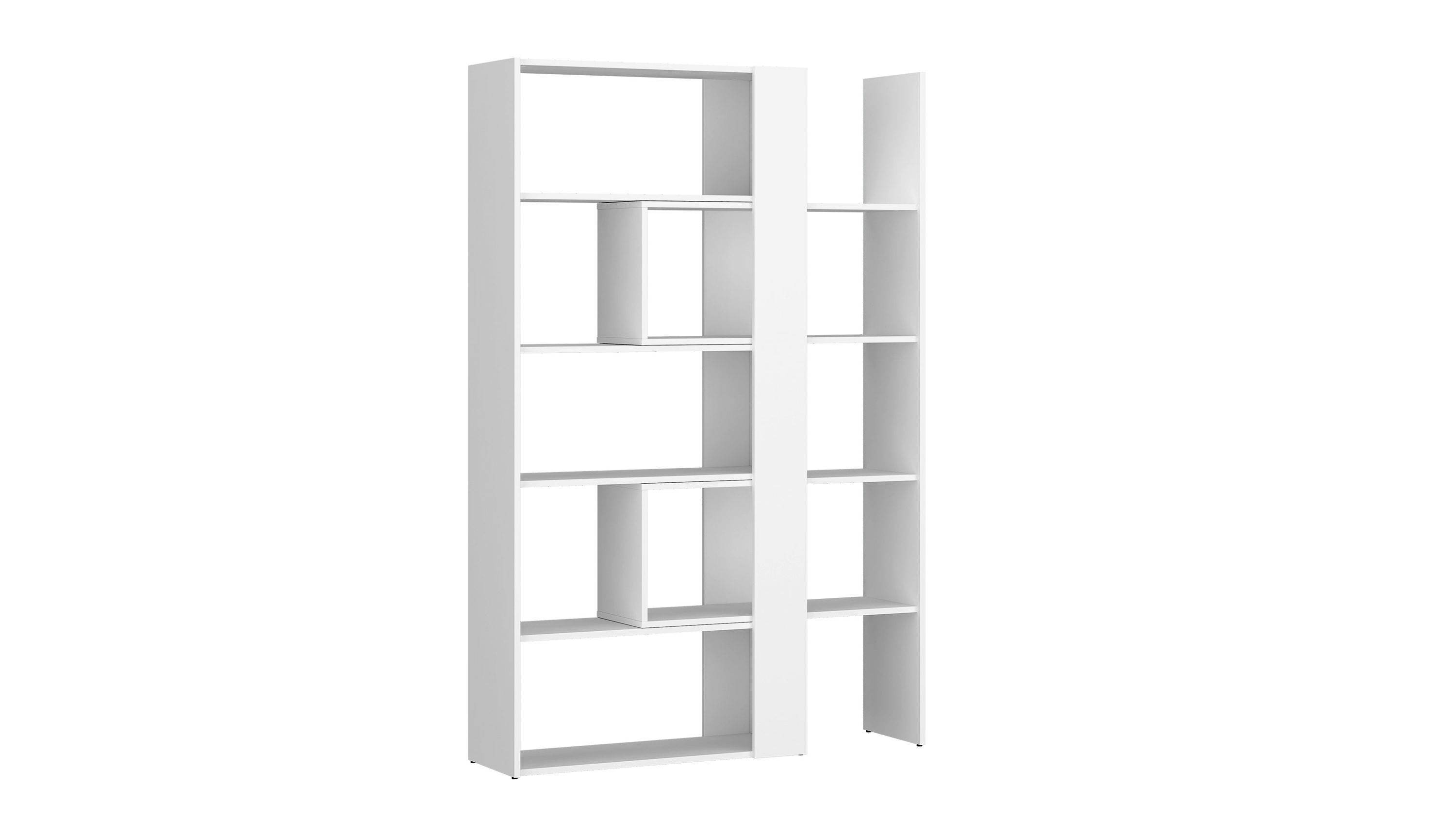 Weißes Regal mit asymmetrischem Fachaufbau Weißes Regal mit mehreren offenen Fächern und asymmetrischem Design