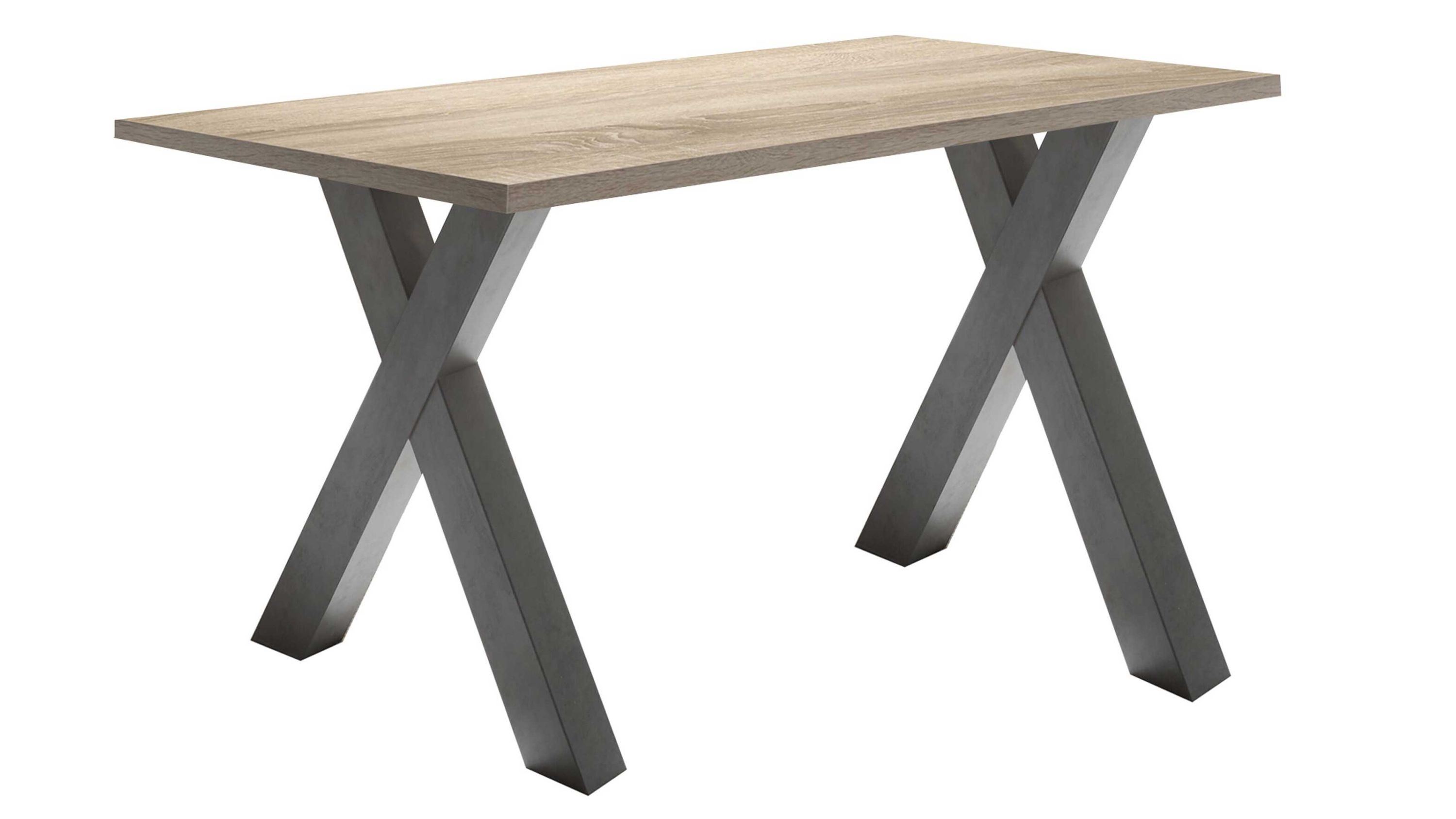 Schreibtisch mit rechteckiger Holzplatte und X-förmigen grauen Beinen