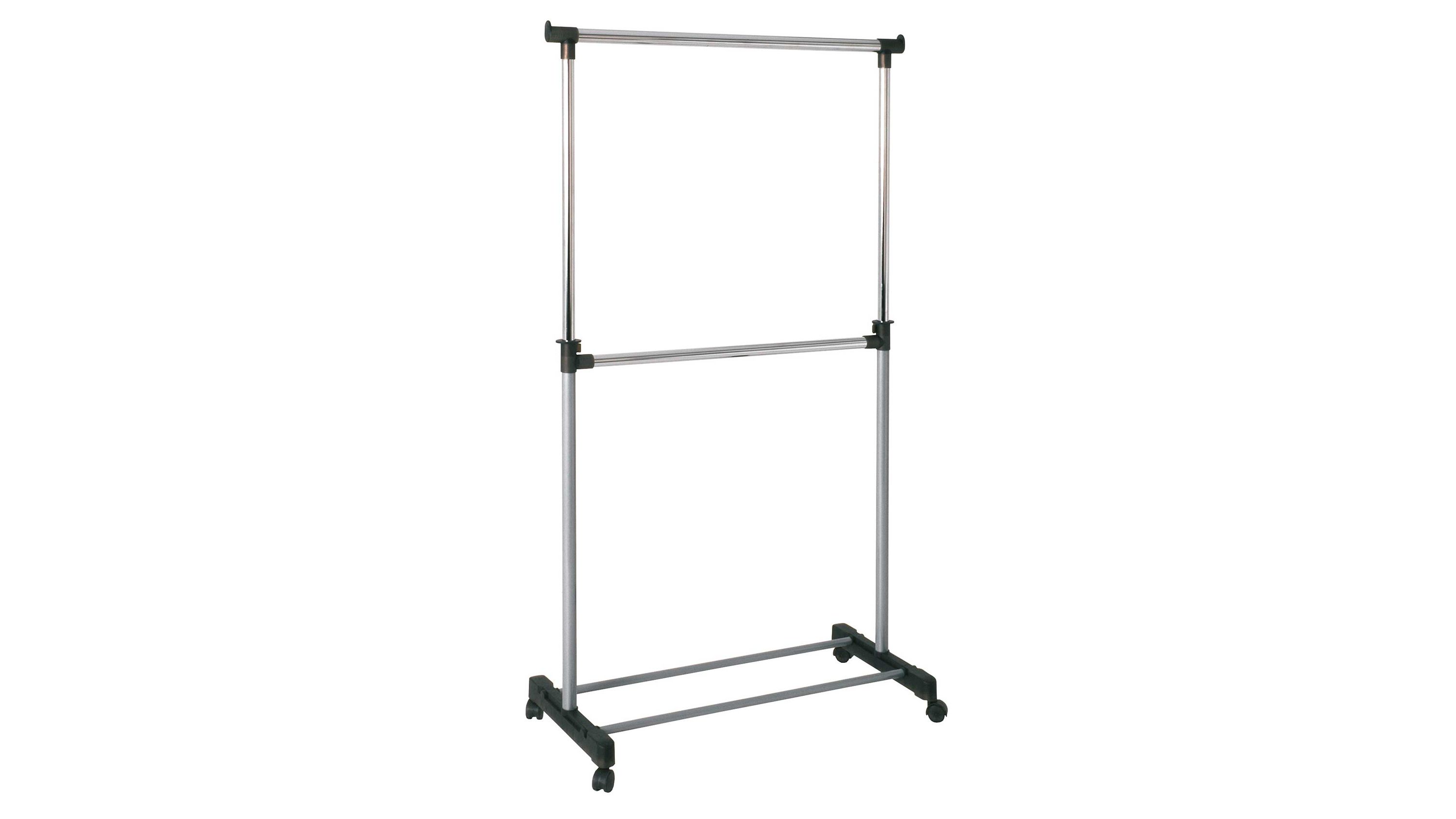Rollgarderobe mit zwei Stangen und Rollen silberne Metallstangen und schwarze Kunststofffüße