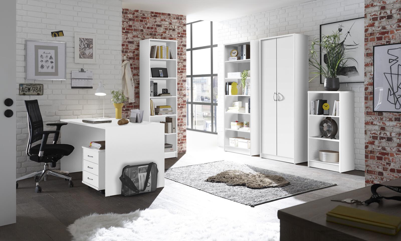 Modernes Arbeitszimmer mit weißem Regal fünf Böden sechs Fächern dekoriert mit Büchern und Pflanzen seitlich fotografiert