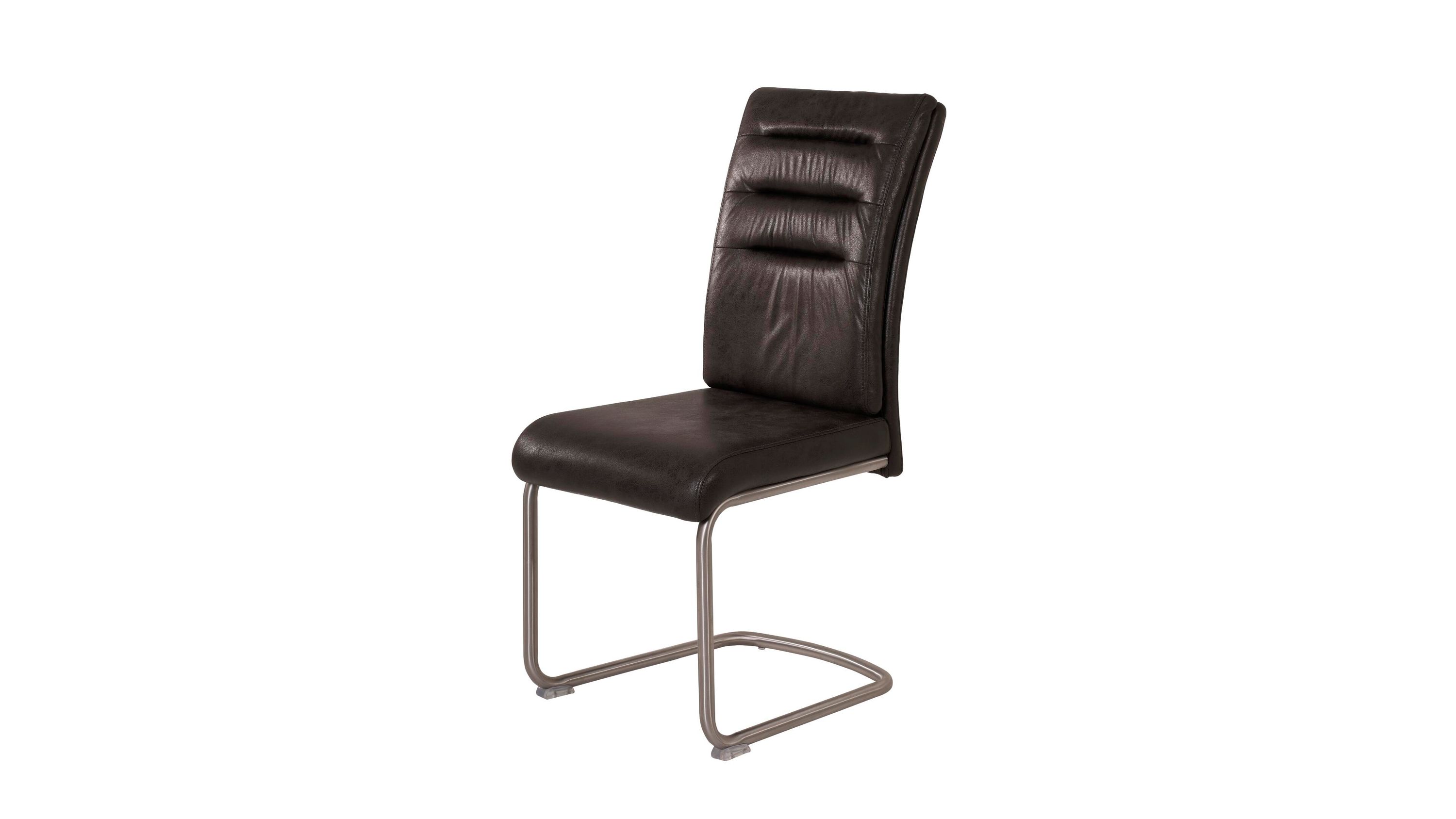 Schwingstuhl mit dunkler Polsterung und Metallgestell Schwingstuhl mit gepolsterter Rückenlehne und Sitzfläche in dunkler Farbe und gebogenem Metallgestell
