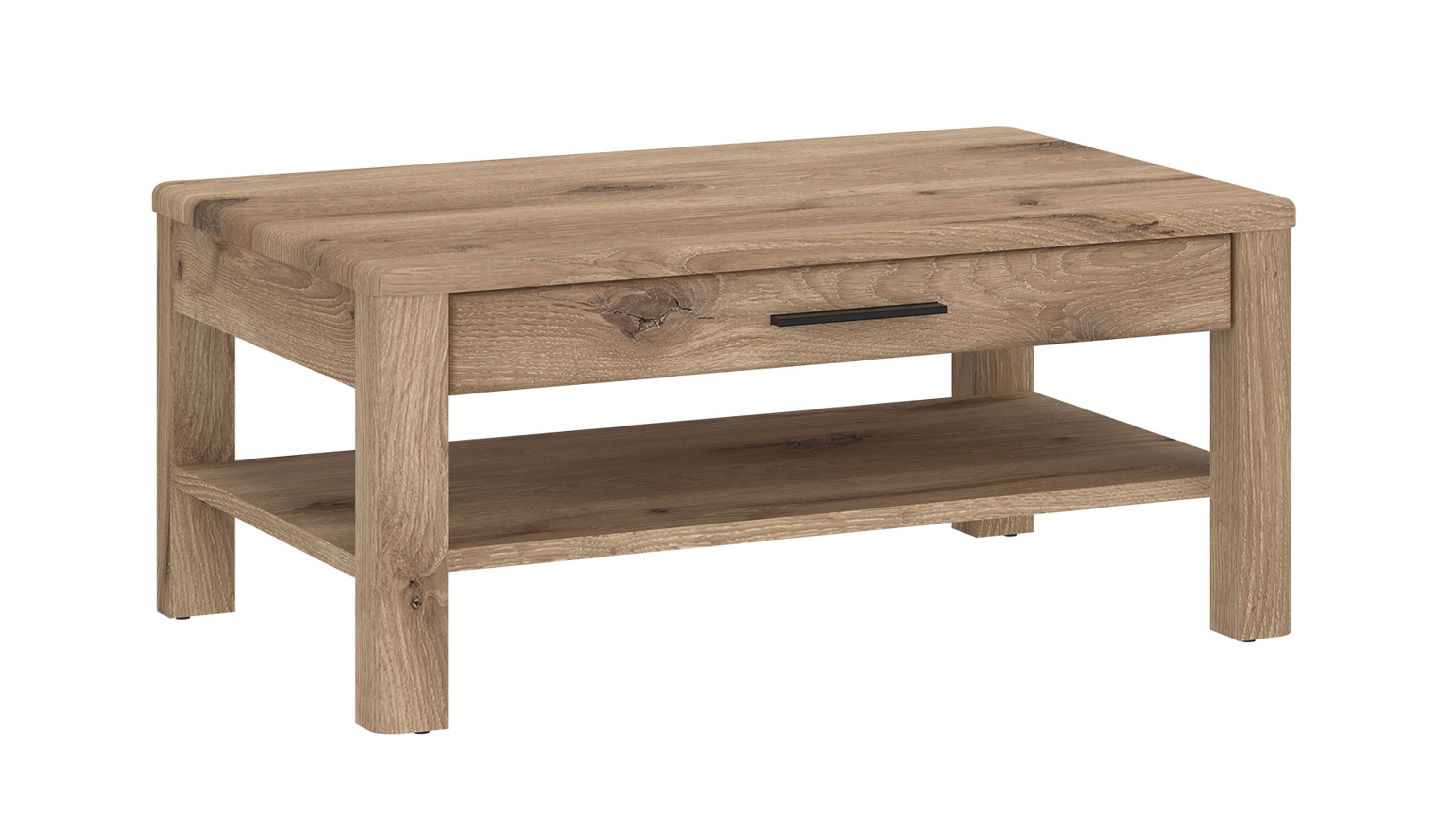 Couchtisch in Holzoptik mit Ablage und Schublade Rechteckiger Couchtisch in hellbrauner Holzoptik mit Ablageboden und Schublade mit schwarzem Griff