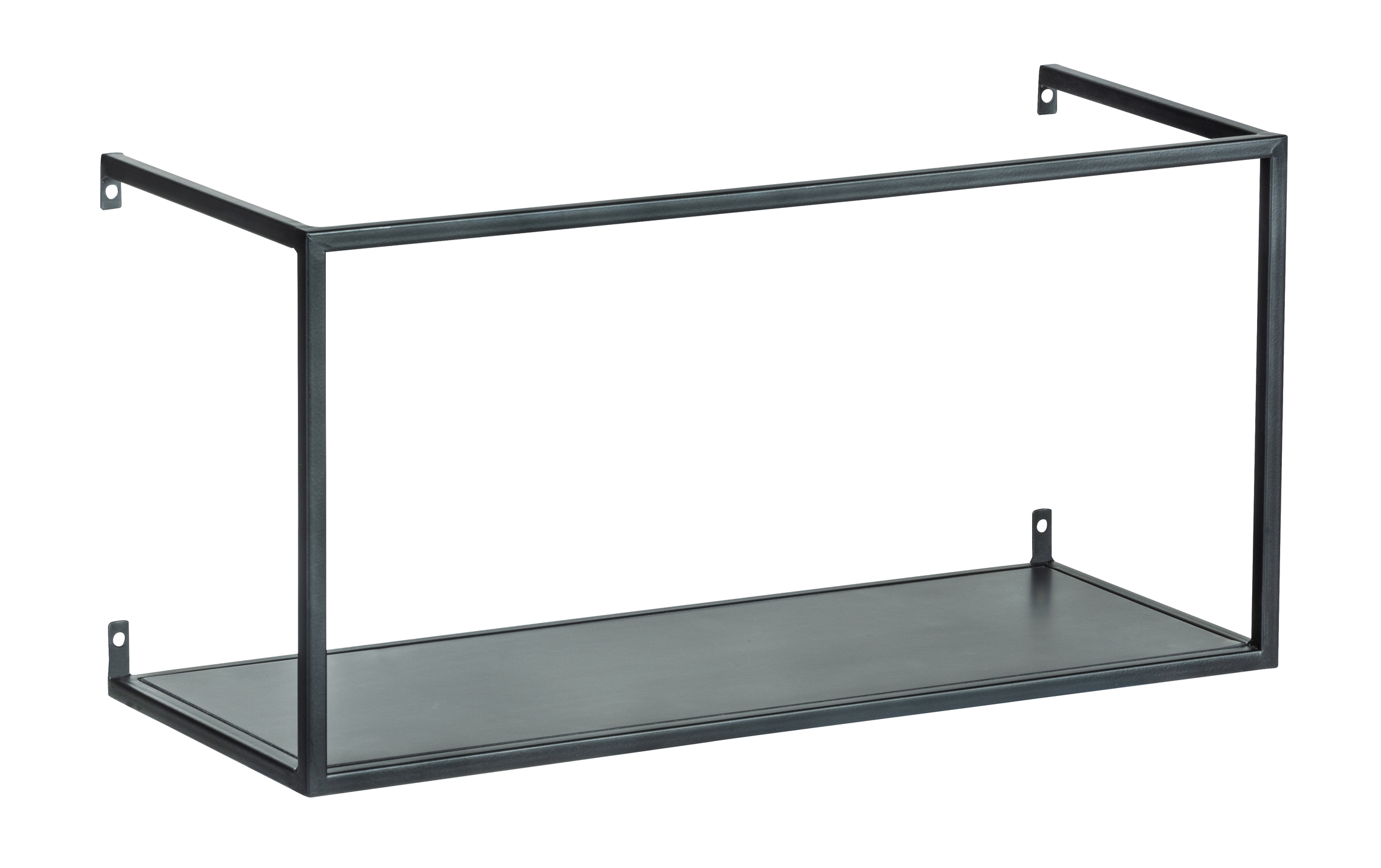 Wandregal aus schwarzem Metall zur Wandmontage Rechteckiges Wandregal aus schwarzem Metall zur Wandmontage aufgenommen frontal leicht schräg von links