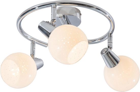 Flache Deckenleuchte mit quadratischer Glasplatte und silberfarbenen Metallelementen  frontal vor neutralem Hintergrund