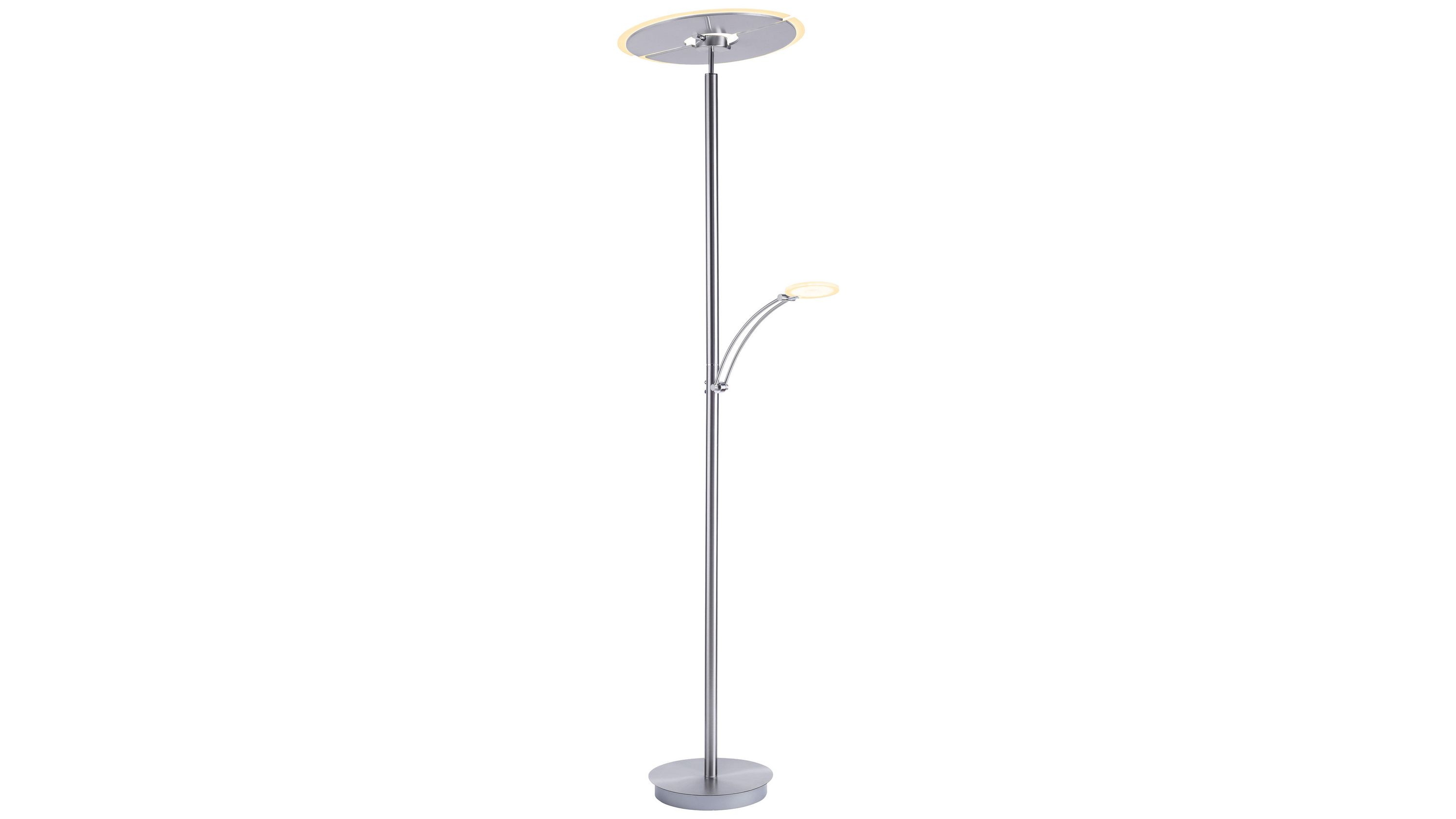 Deckenfluter mit rundem Fuß und zwei runden Leuchtflächen an einem stahlfarbenen Metallstab