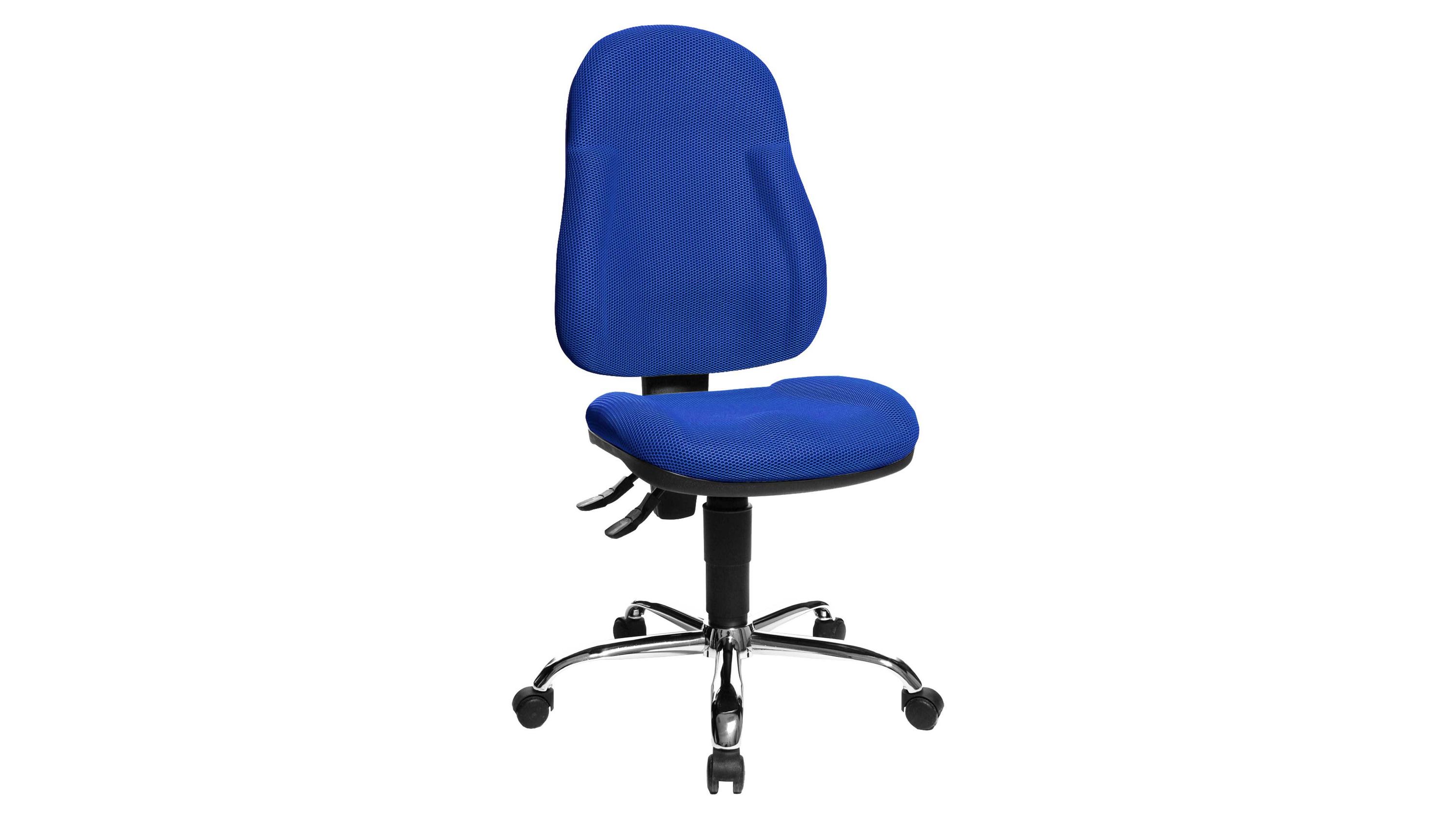 Bürodrehstuhl mit hoher Rückenlehne und blauem Stoffbezug auf verchromtem Drehkreuz mit Rollen