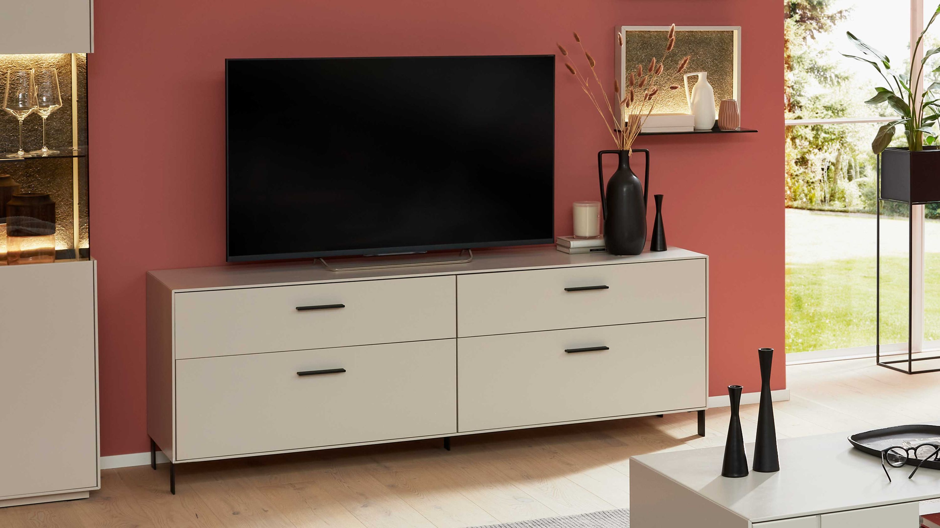 Interliving Wohnzimmer Serie 2030 PLUS - Lowboard Sahara Creme & Granitfurnier - zwei Schubladen, Länge ca. 200 cm