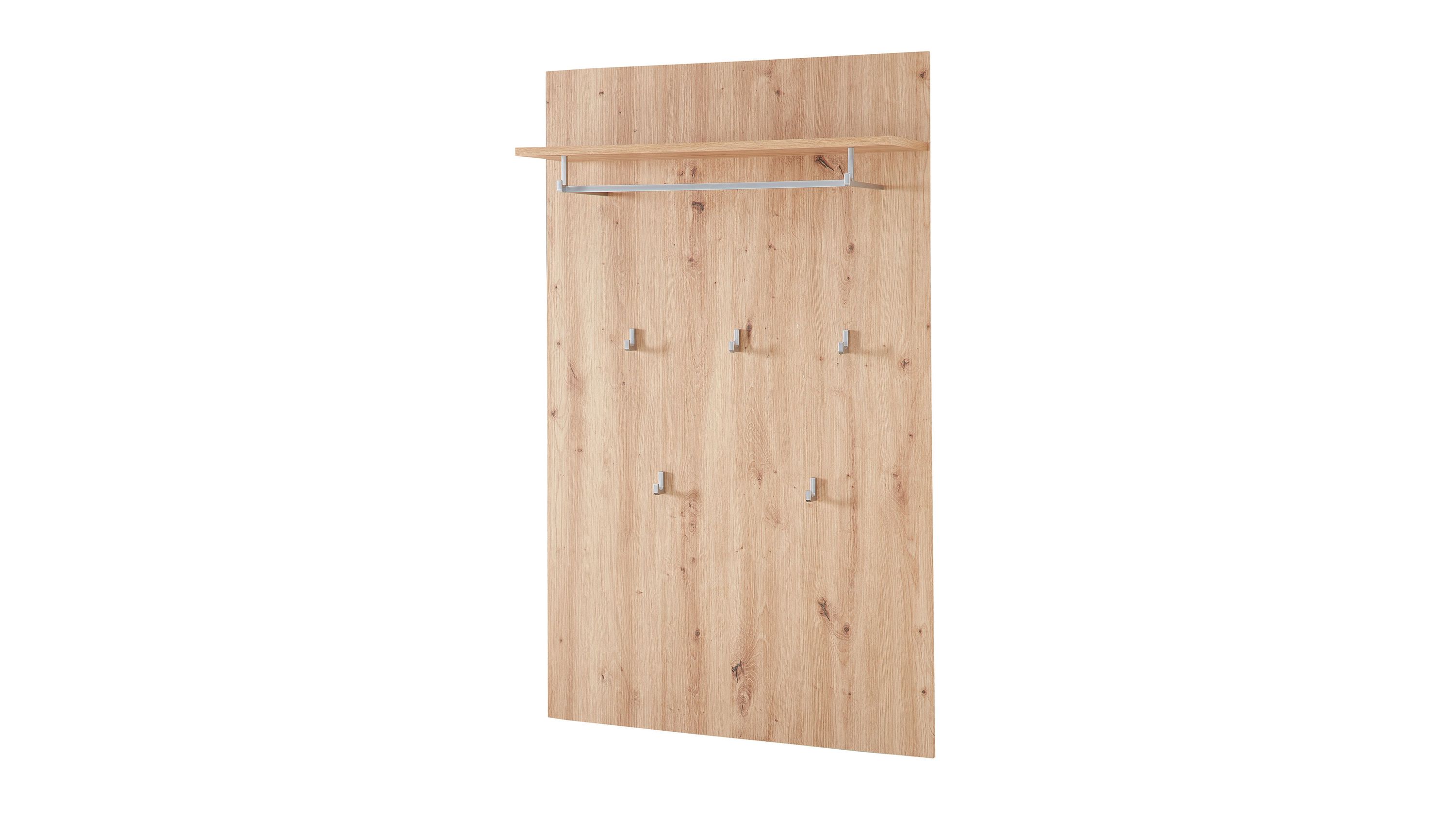 Wandgarderobe aus hellem Holz mit fünf Haken und einer oberen Ablage mit Metallstange