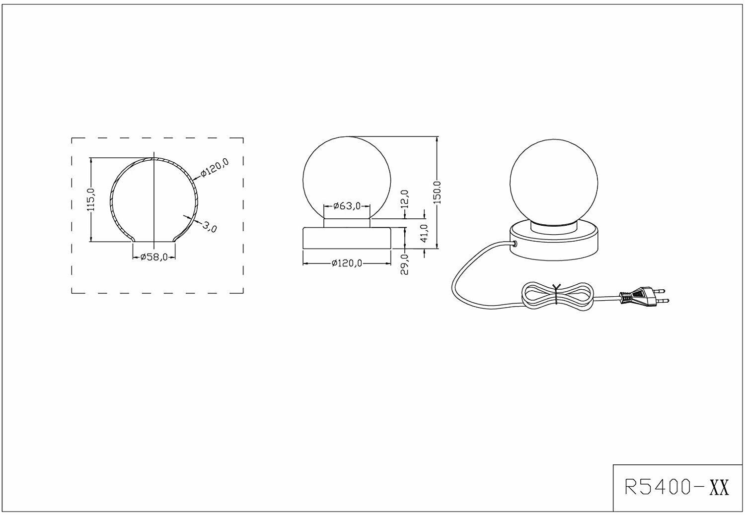 Technische Zeichnung einer tischleuchte mit kugelförmigem glasschirm und metallfuß  höhe 12 cm  mit netzstecker