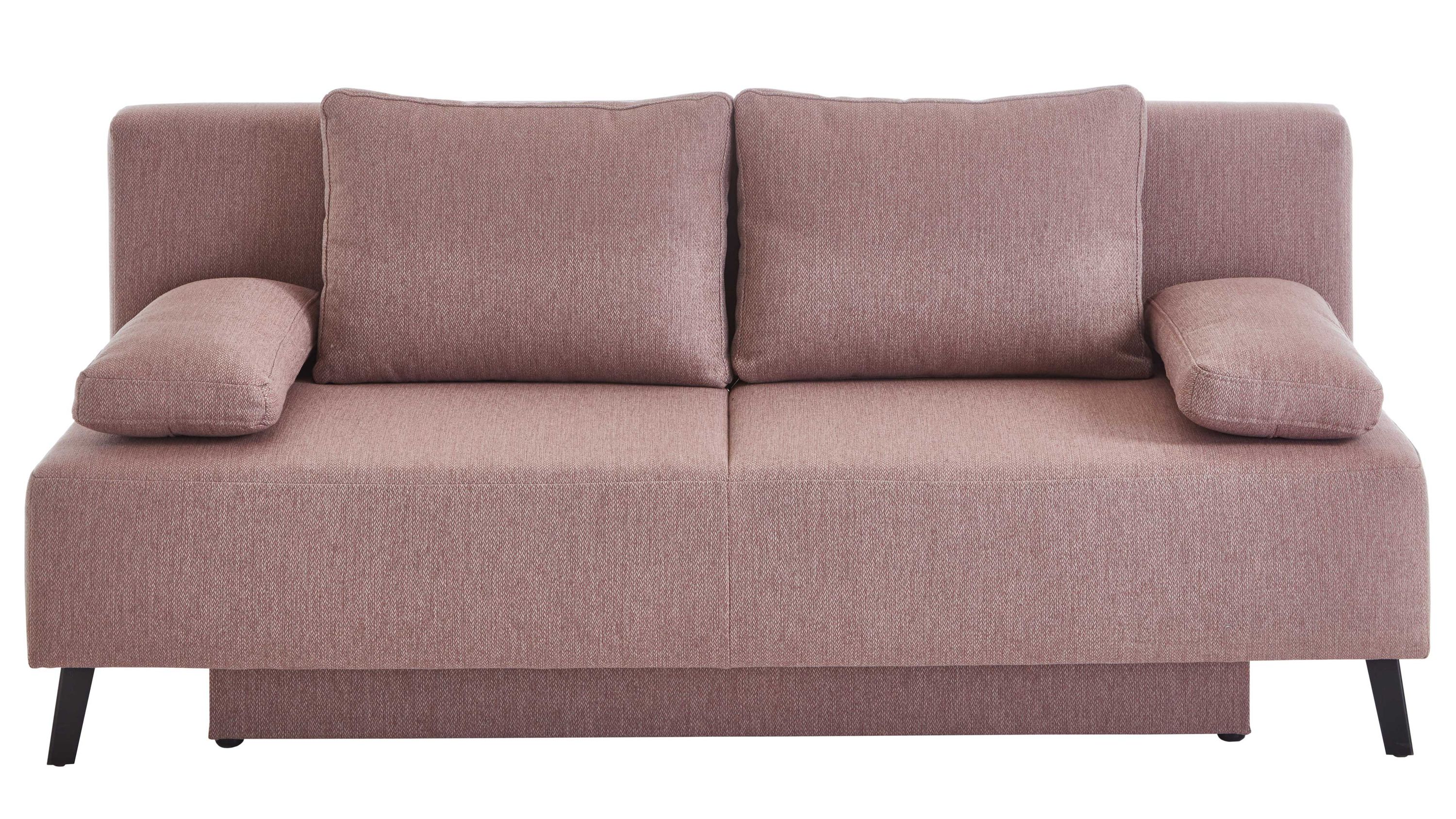 Schlafsofa mit gerader Rückenlehne zwei losen Rückenkissen und zwei Armlehnen in rosa Stoff