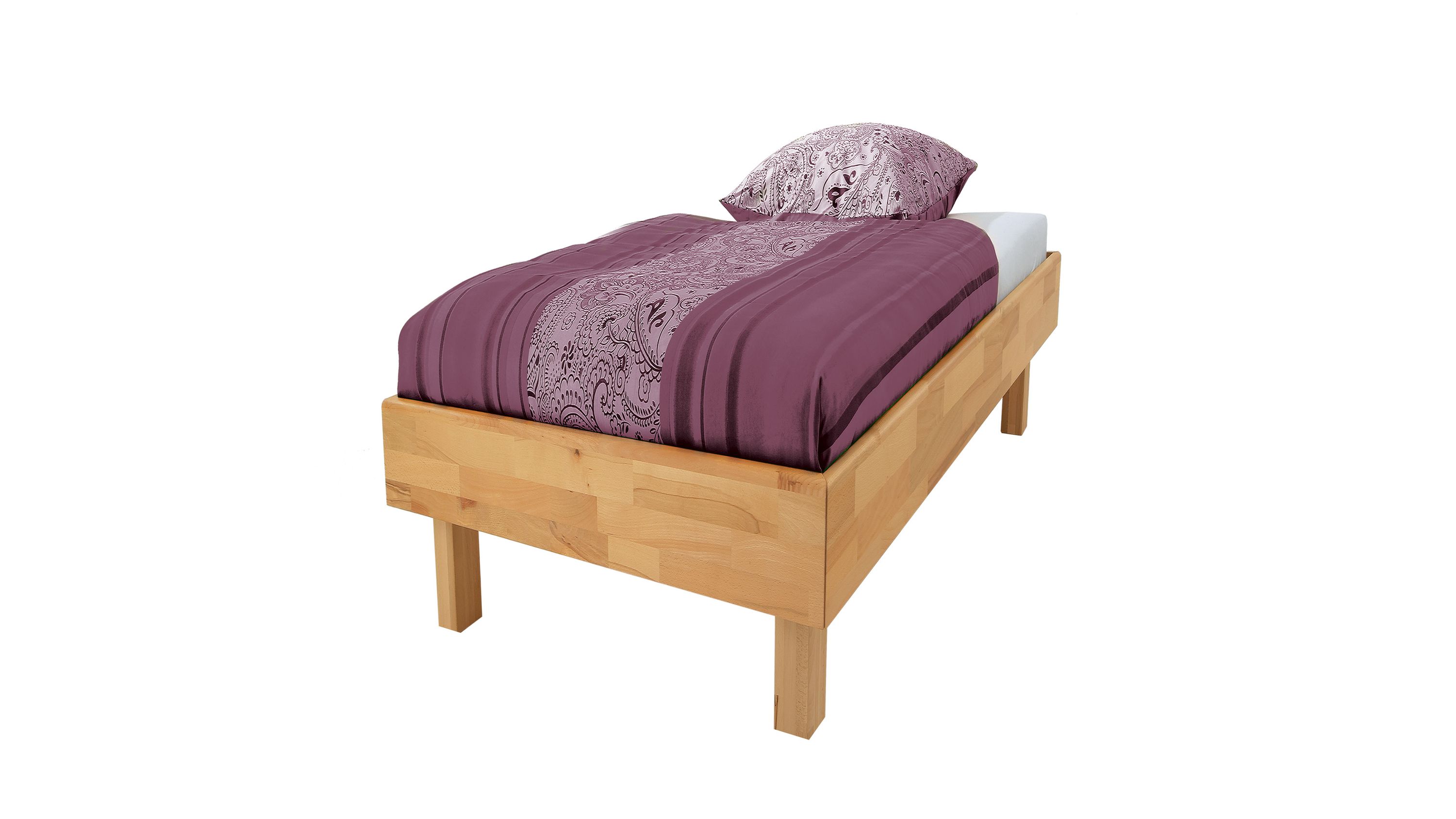 Einzelbett aus naturfarbenem Holz mit lila Bettdecke und Kissen