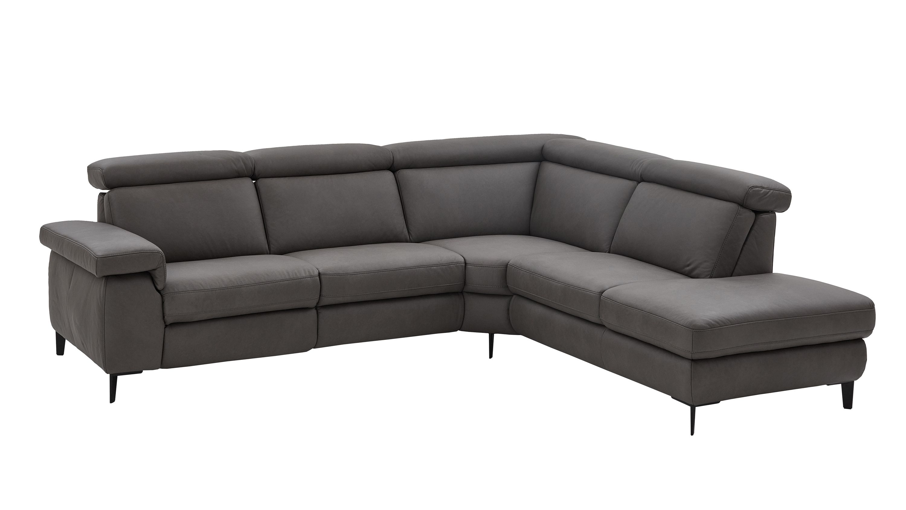 Ecksofa mit grauem Lederbezug und schwarzen Metallfüßen