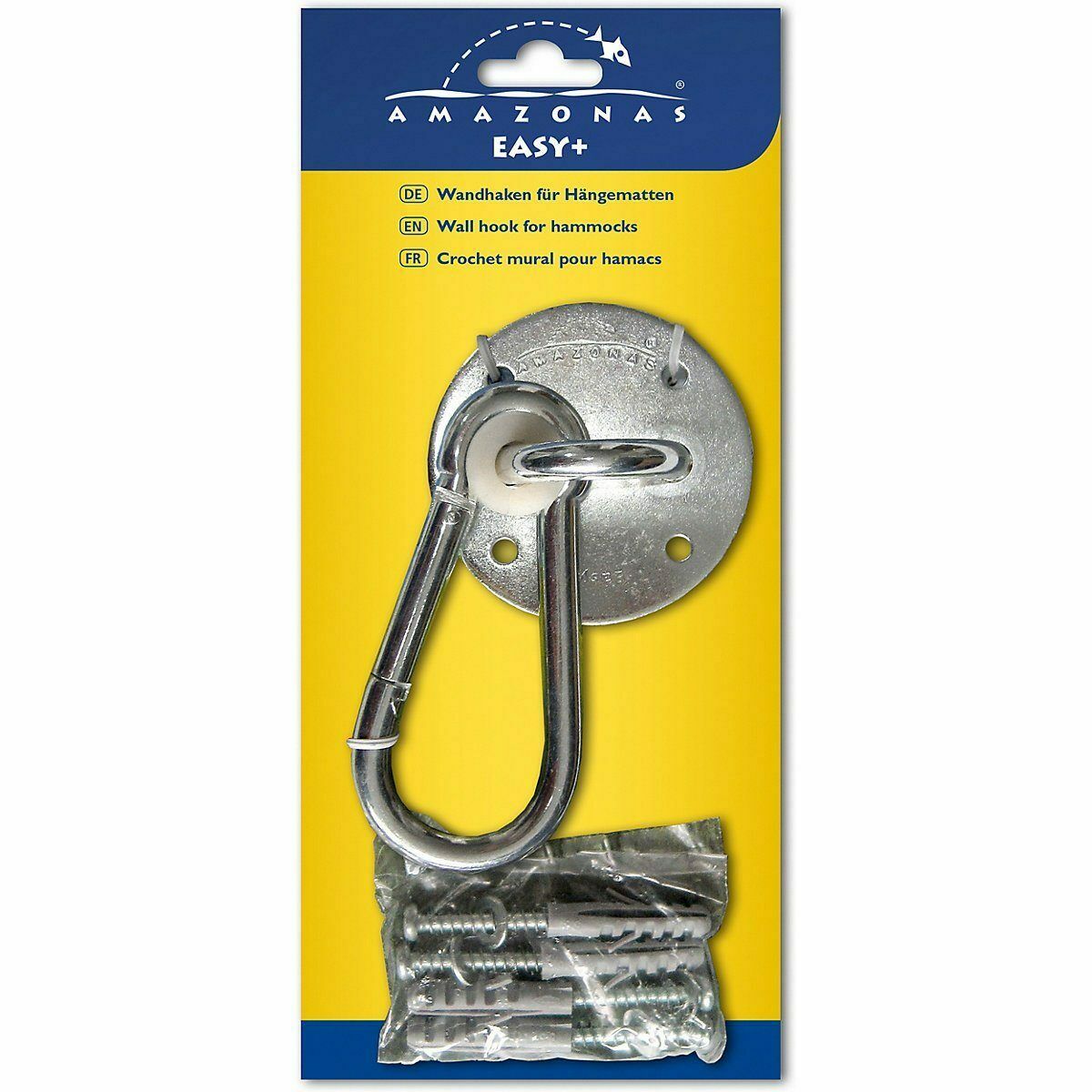 Produktverpackung des Wandhakens mit Haken und Schrauben  gelber Hintergrund mit blauer Markenaufschrift