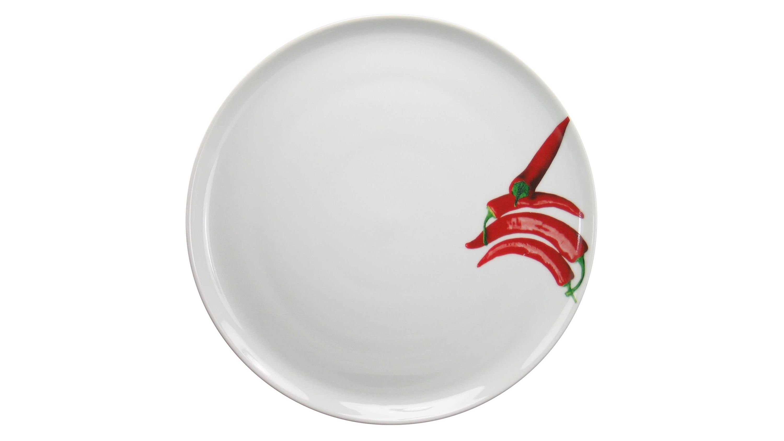 Runder weißer Teller mit rotem Chili-Motiv am Rand