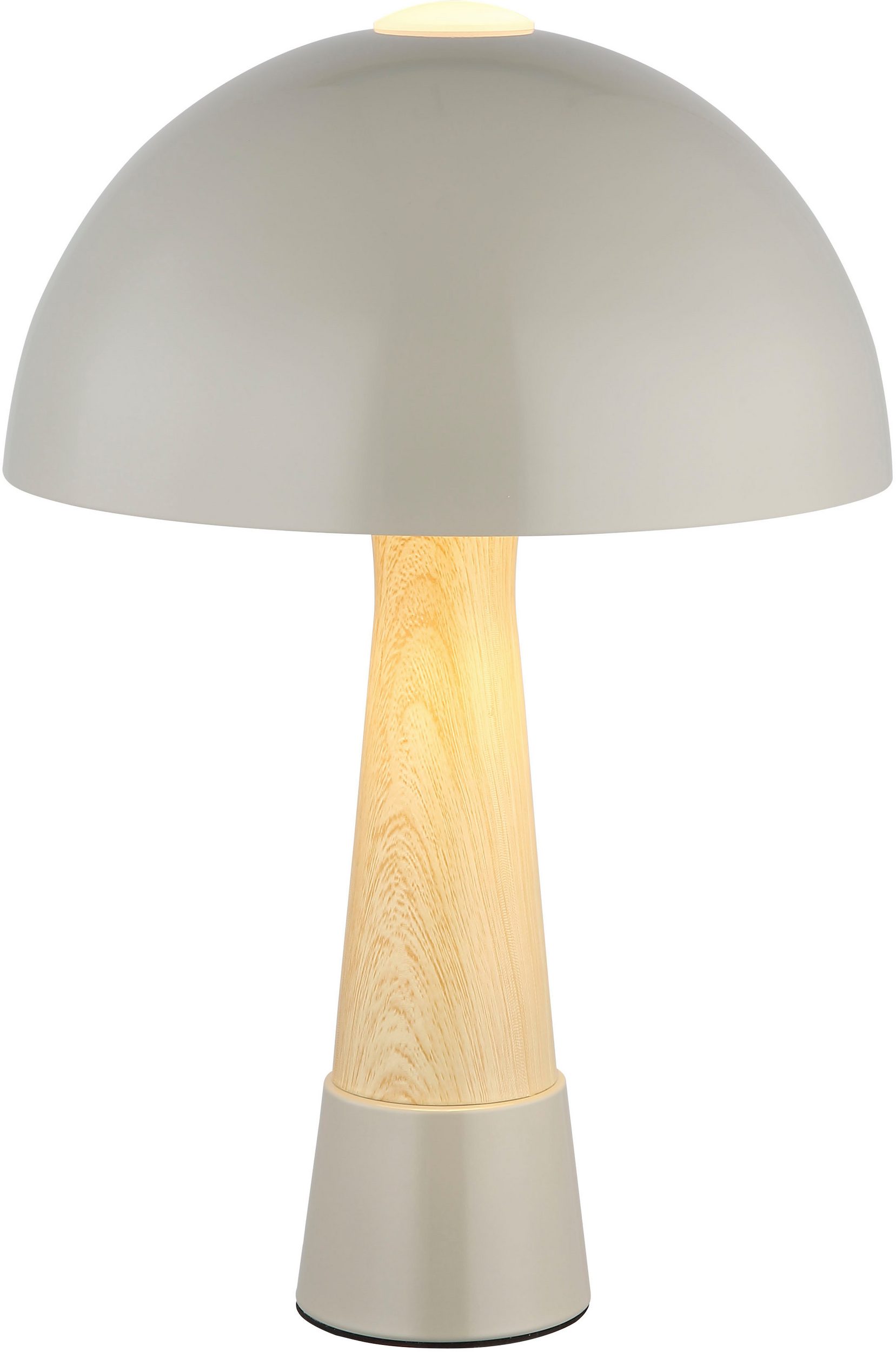 Retro-Tischlampe Pilzform mit grauem Schirm und Holzfuß frontal Retro-Tischleuchte in Pilzform mit grauem kuppelförmigem Schirm rundem Holzfuß eingeschaltet frontal fotografiert