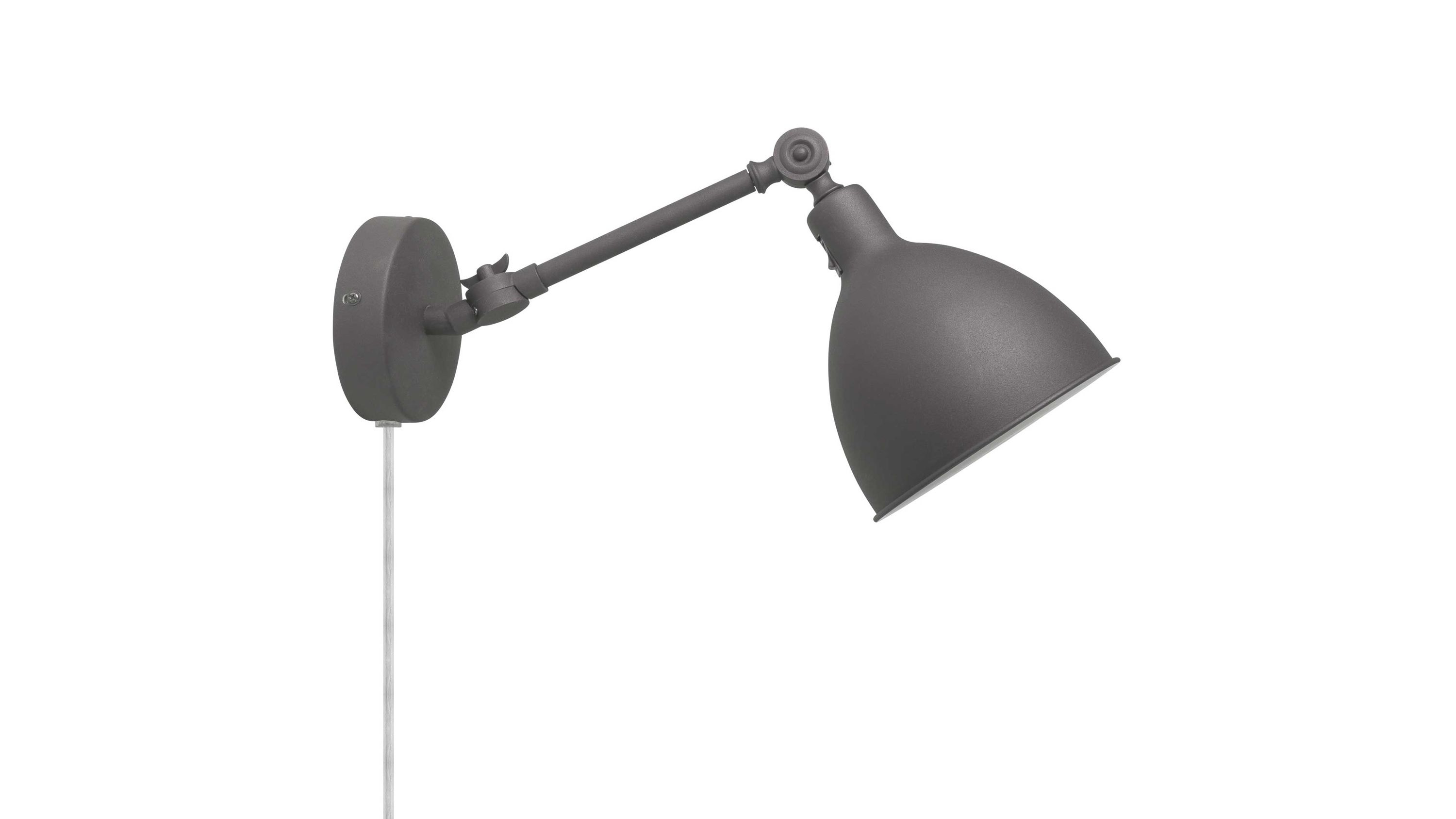 Graue Wandleuchte mit verstellbarem Arm und halbrundem Schirm Wandleuchte mit rundem Sockel verstellbarem Arm und halbrundem Lampenschirm in grauem Metall