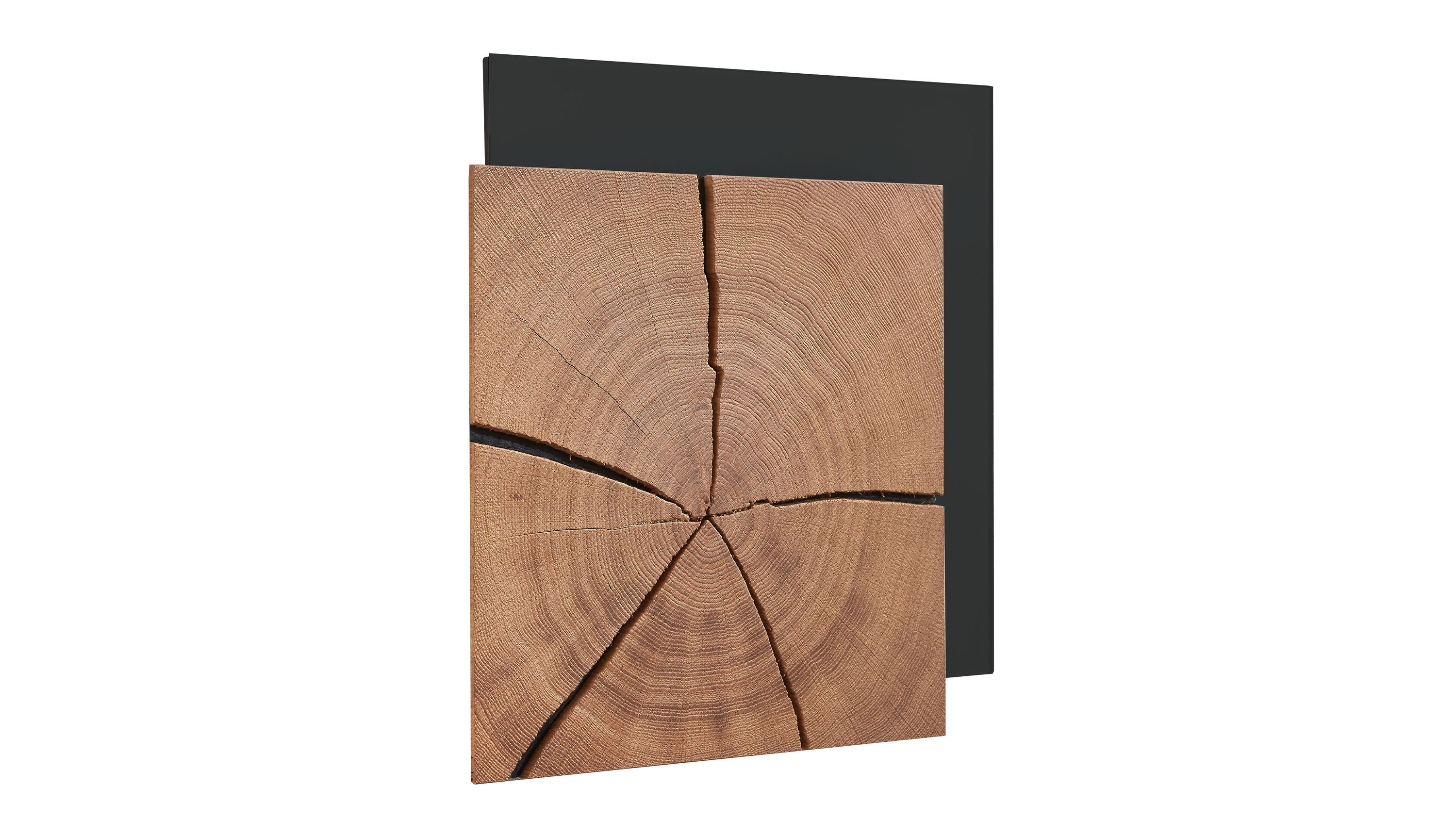 Wandleuchte mit Holzfront und Metallrücken Wandleuchte mit quadratischer Holzfront in Kernholzoptik und anthrazitfarbenem Metallrücken