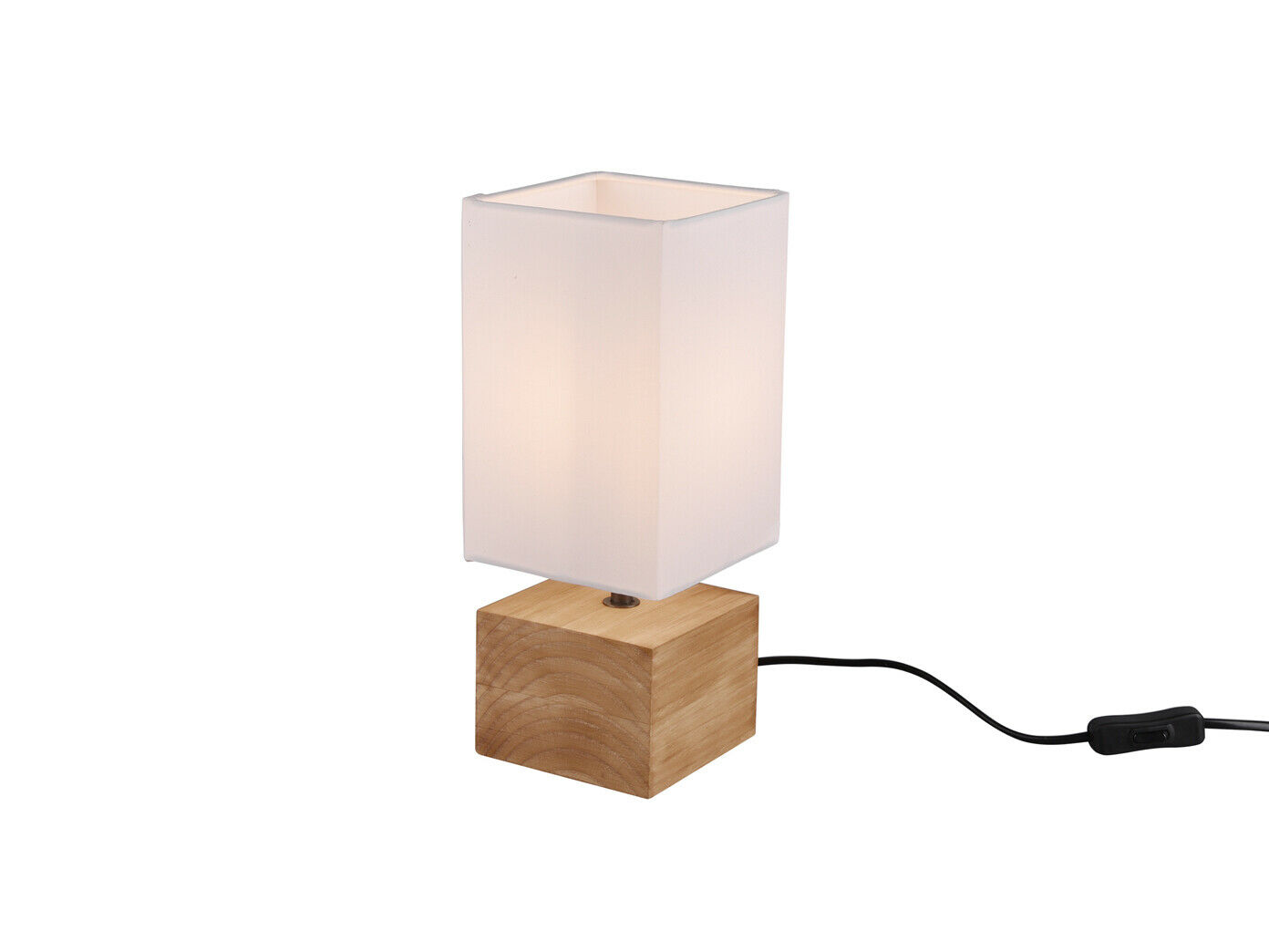 Kleine Tischlampe mit Holzfuß, rechteckigem weißen Schirm und schwarzem Kabel, frontal fotografiert