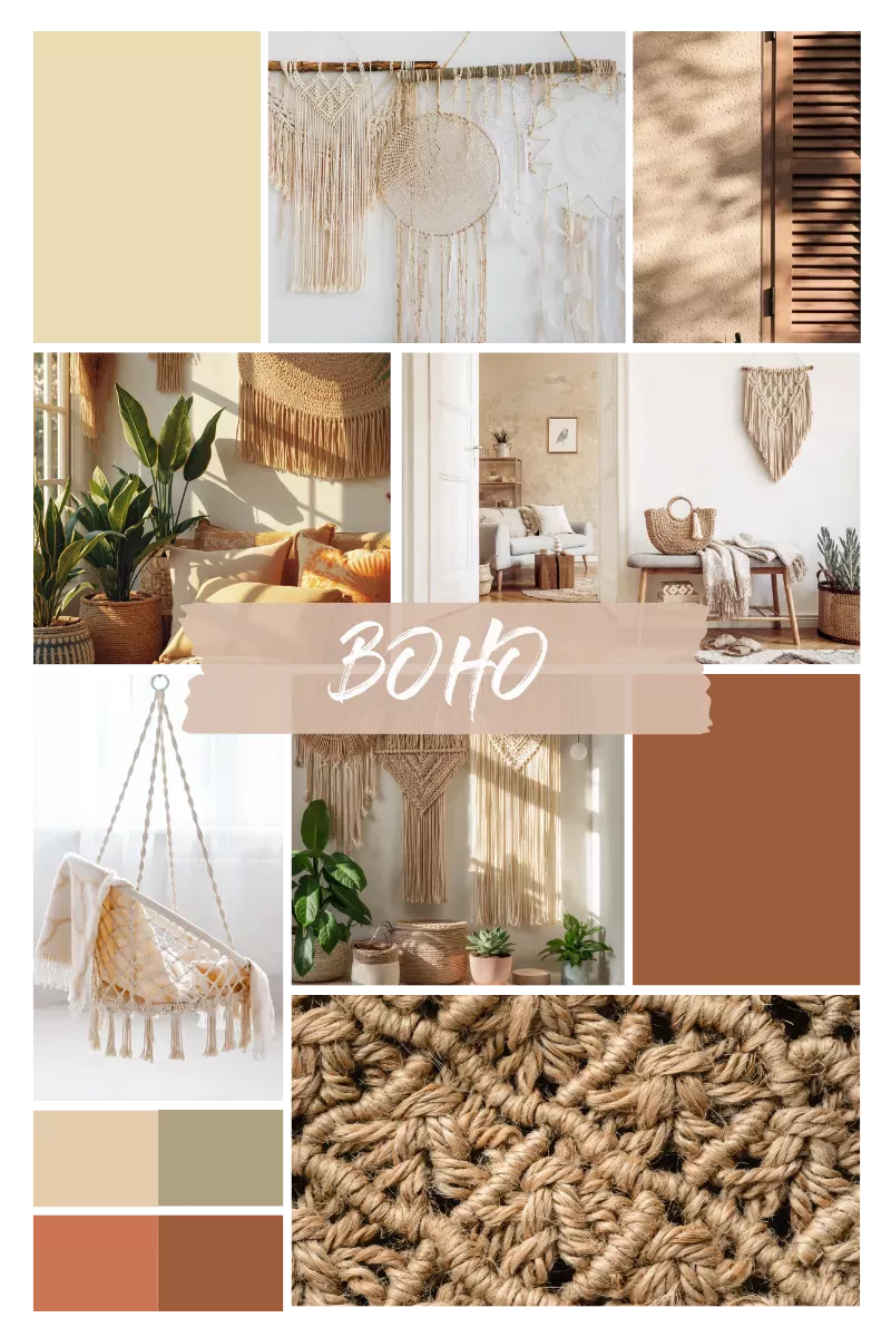 Collage im Boho-Stil mit Makramee-Wanddeko, geflochtenen Körben, Pflanzen, gemütlichem Wohnbereich, Hängesessel und natürlichen Texturen in Beige, Creme und Terrakotta