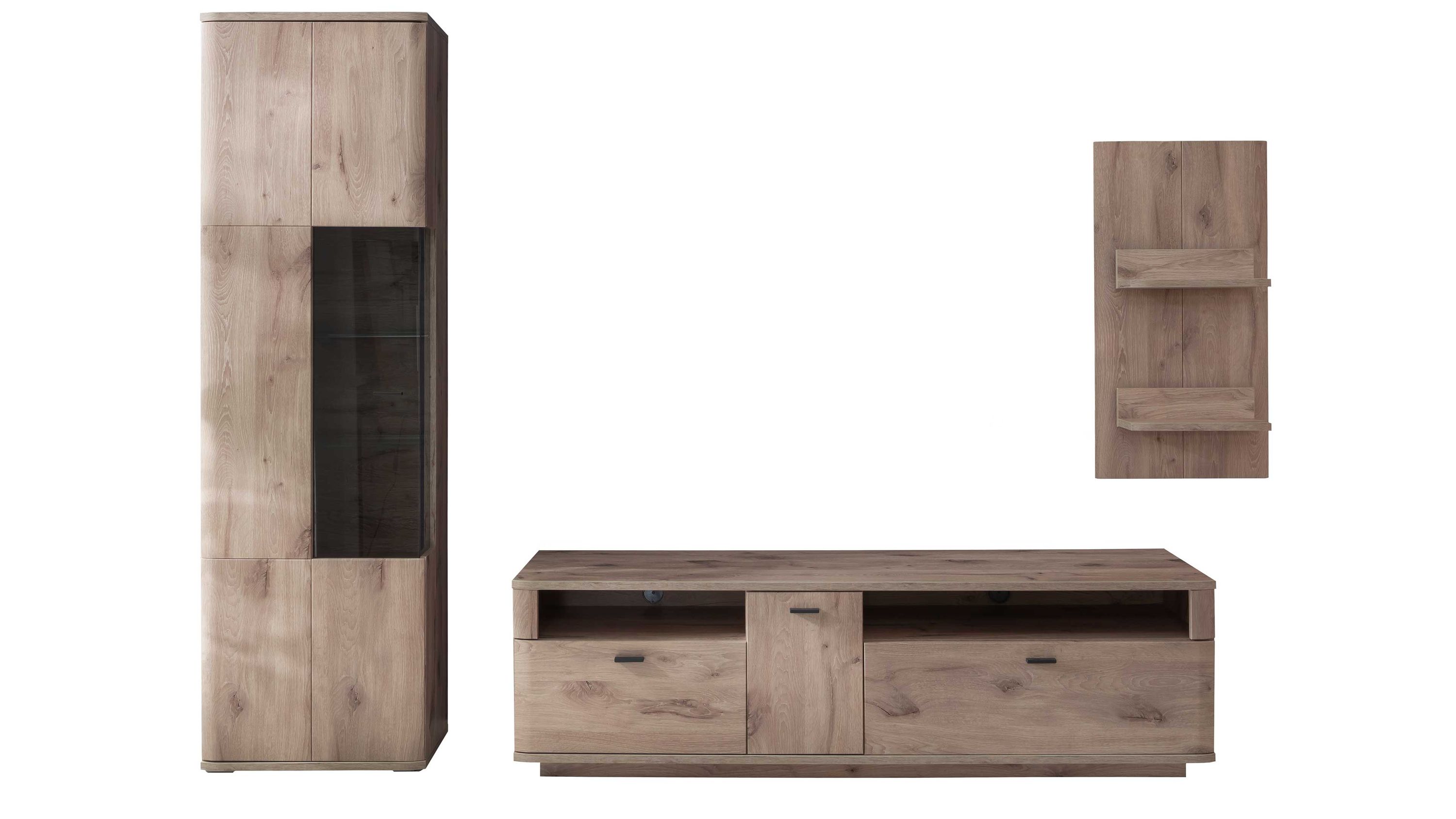 Dreiteilige Wohnwand mit hohem Schrank niedrigem TV-Board und Wandregal in Holzoptik hellbraun