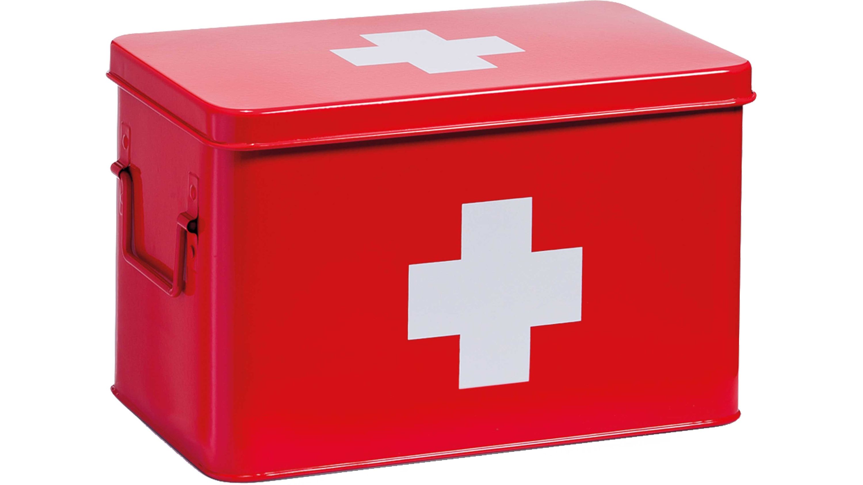Rote Metall-Medizinbox mit weißem Kreuz Rote rechteckige Metallbox mit weißem Kreuz auf Deckel und Vorderseite