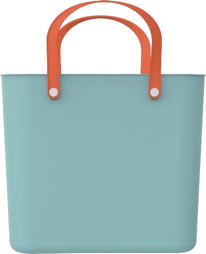 Rechteckige Tasche mit zwei orangen Griffen und hellblauem Körper