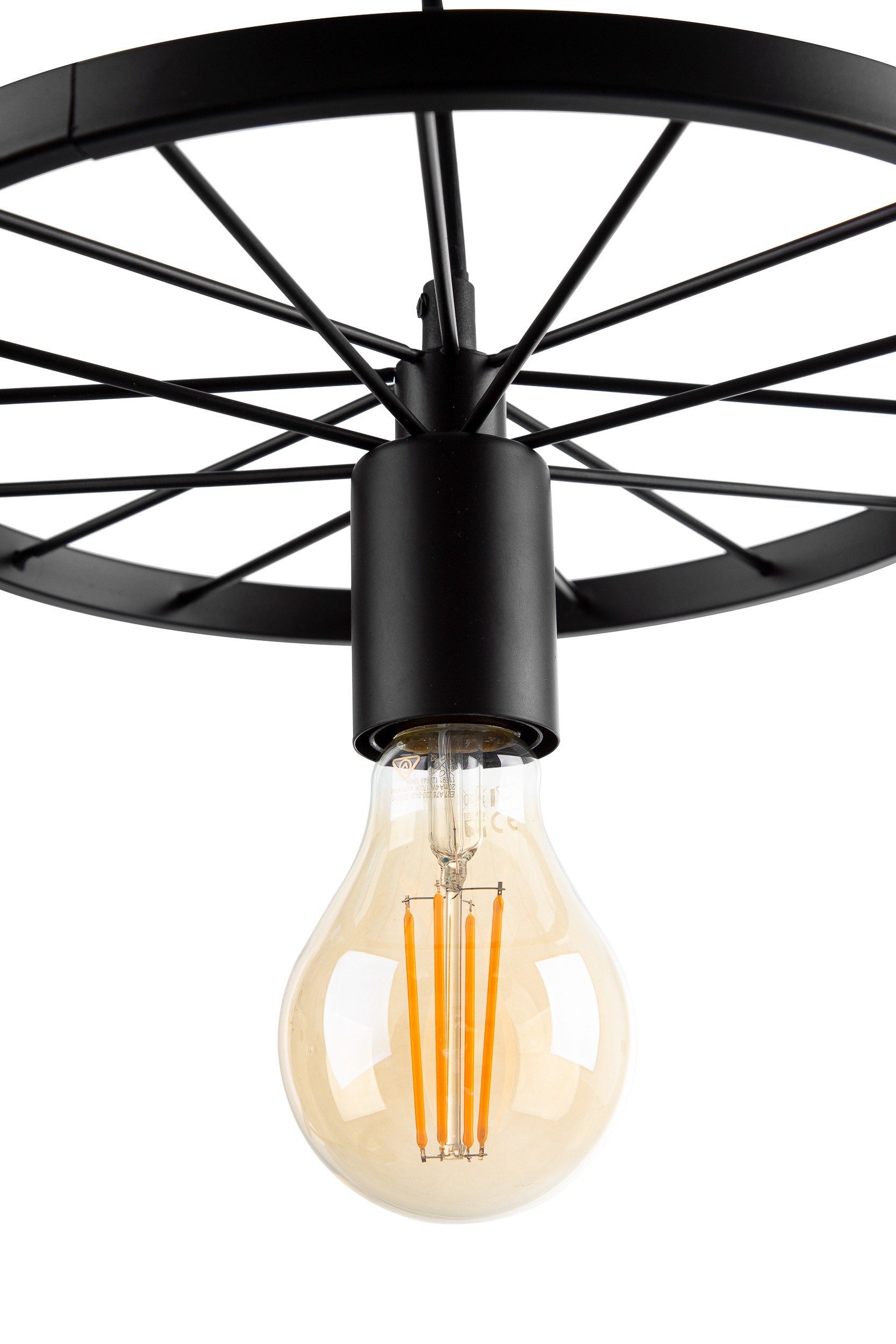 Industrielle Deckenleuchte mit Filamentlampe Schwarze runde Deckenleuchte mit sichtbarer Filamentlampe in der Mitte, von unten fotografiert