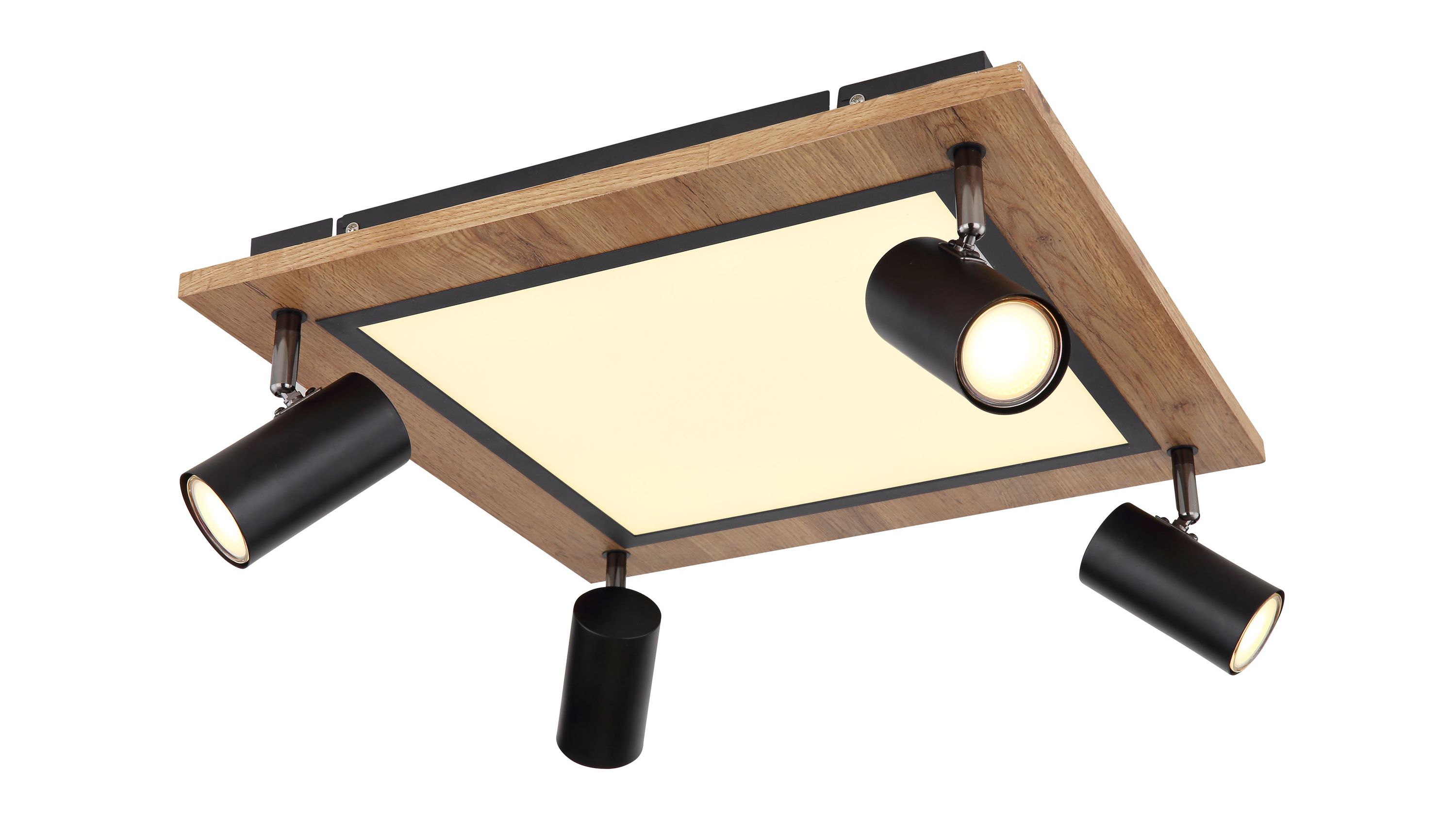 Quadratischer Deckenstrahler mit dunklem Holzrahmen und vier schwarzen zylindrischen Leuchten
