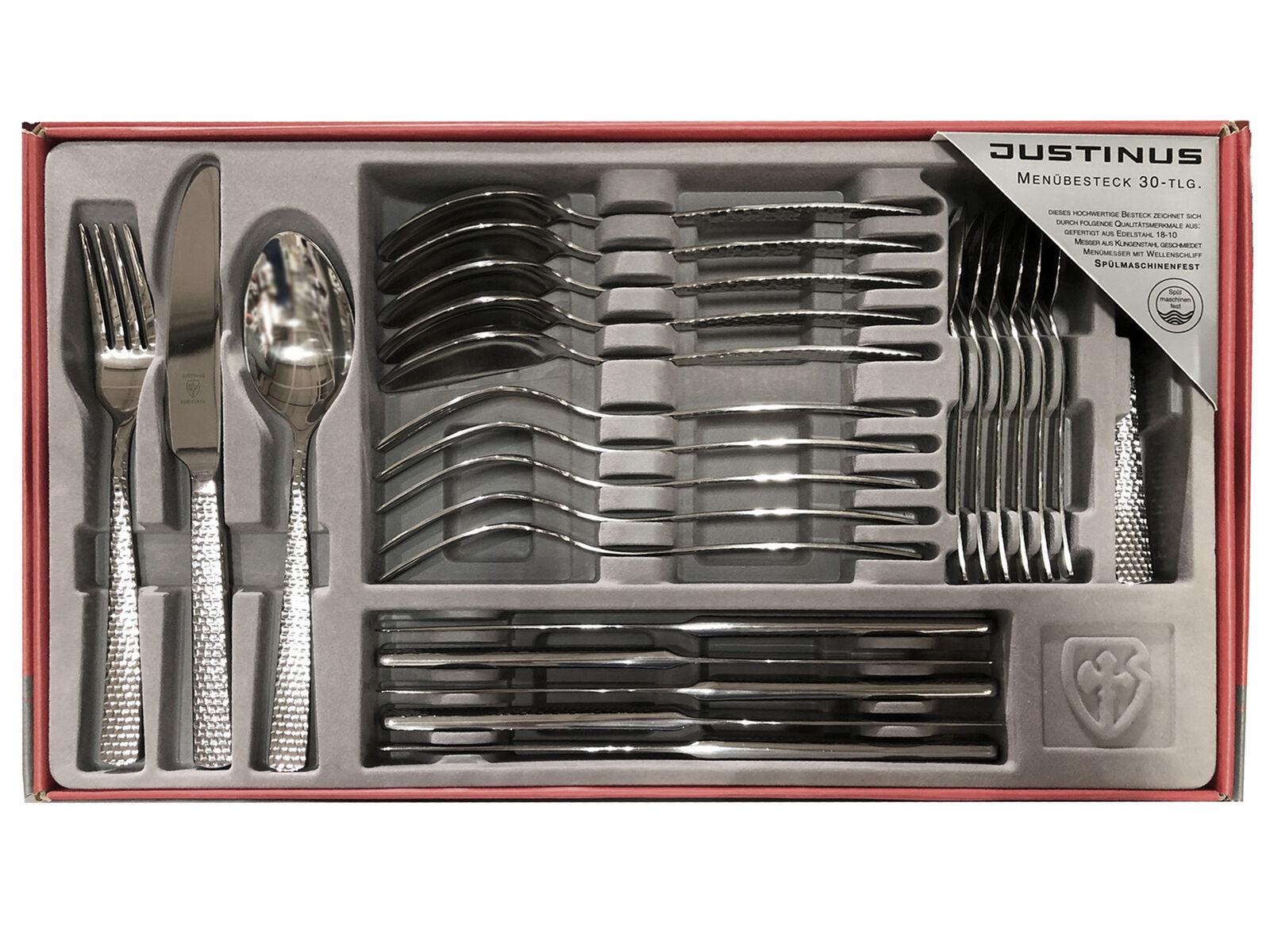 Verpackung des Justinus Bestecksets Sunset  30-teilig  silberfarben  Besteck ordentlich sortiert eingelegt