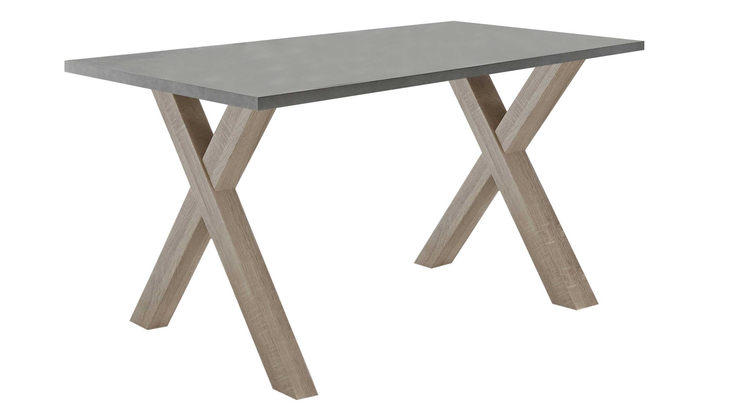 Schreibtisch mit dunkler Platte und gekreuzten hellen Beinen Schreibtisch mit rechteckiger dunkler Tischplatte und gekreuzten hellen Tischbeinen