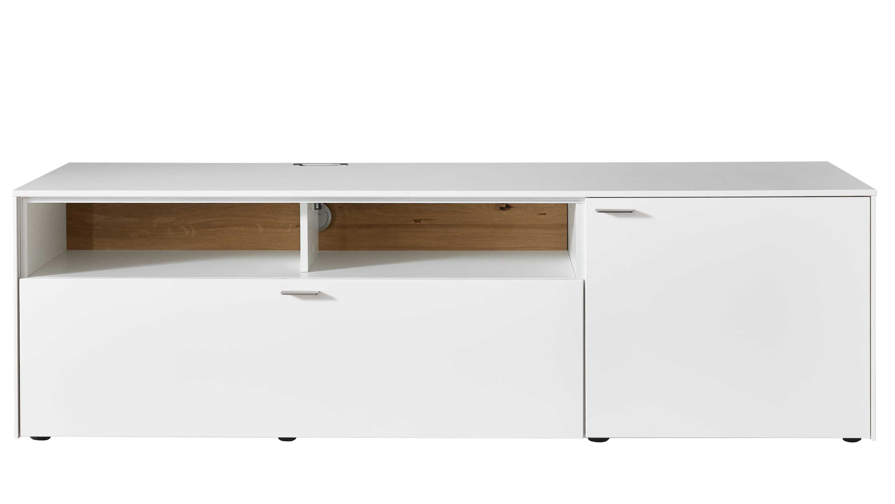 Weißes Lowboard mit offenen Fächern und Türen Weißes Lowboard mit zwei offenen Fächern einer Klappe und einer Tür matte Oberfläche