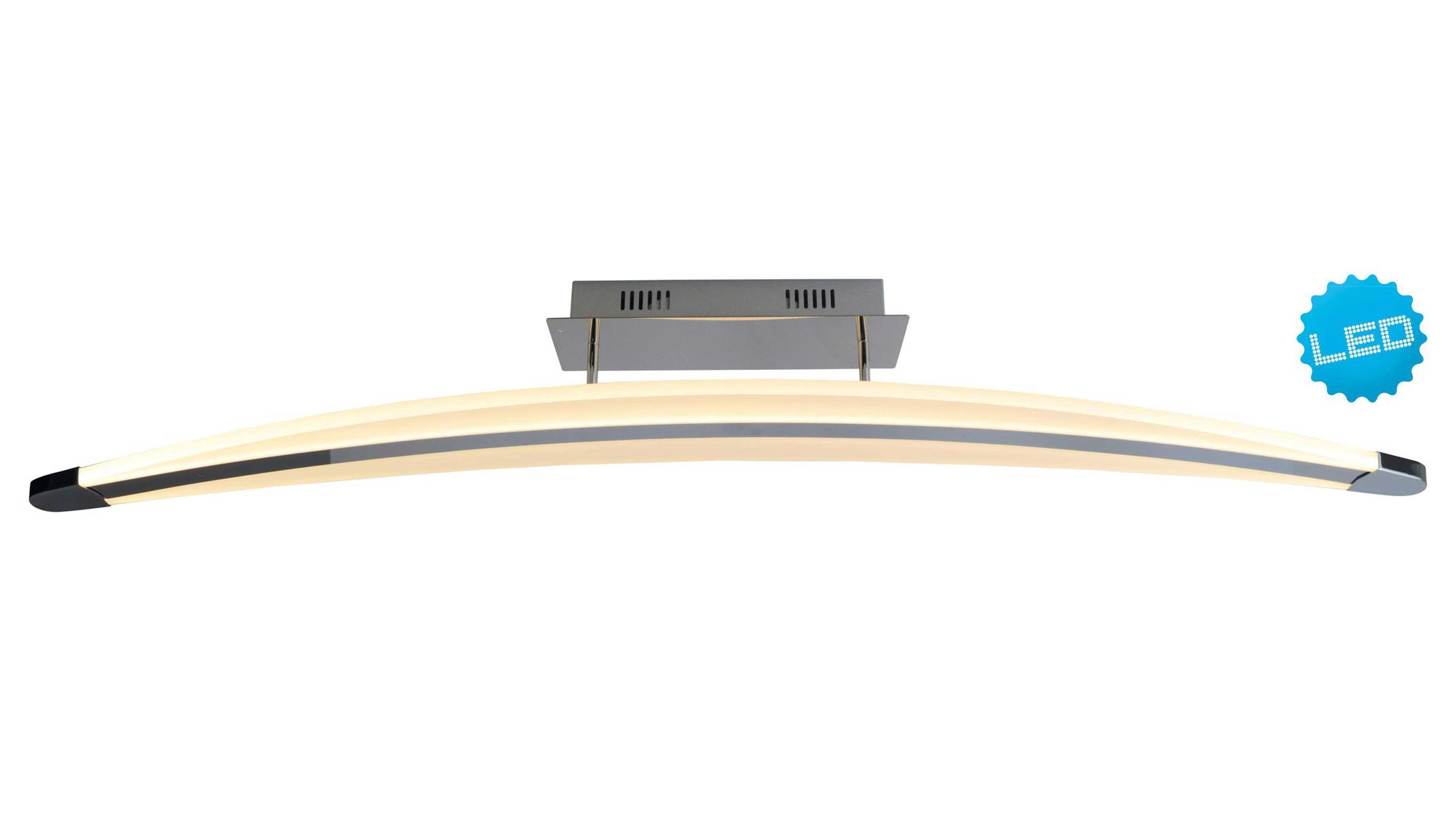 Gebogene LED-Deckenlampe mit chromfarbenem Halter und weißem Leuchtstreifen