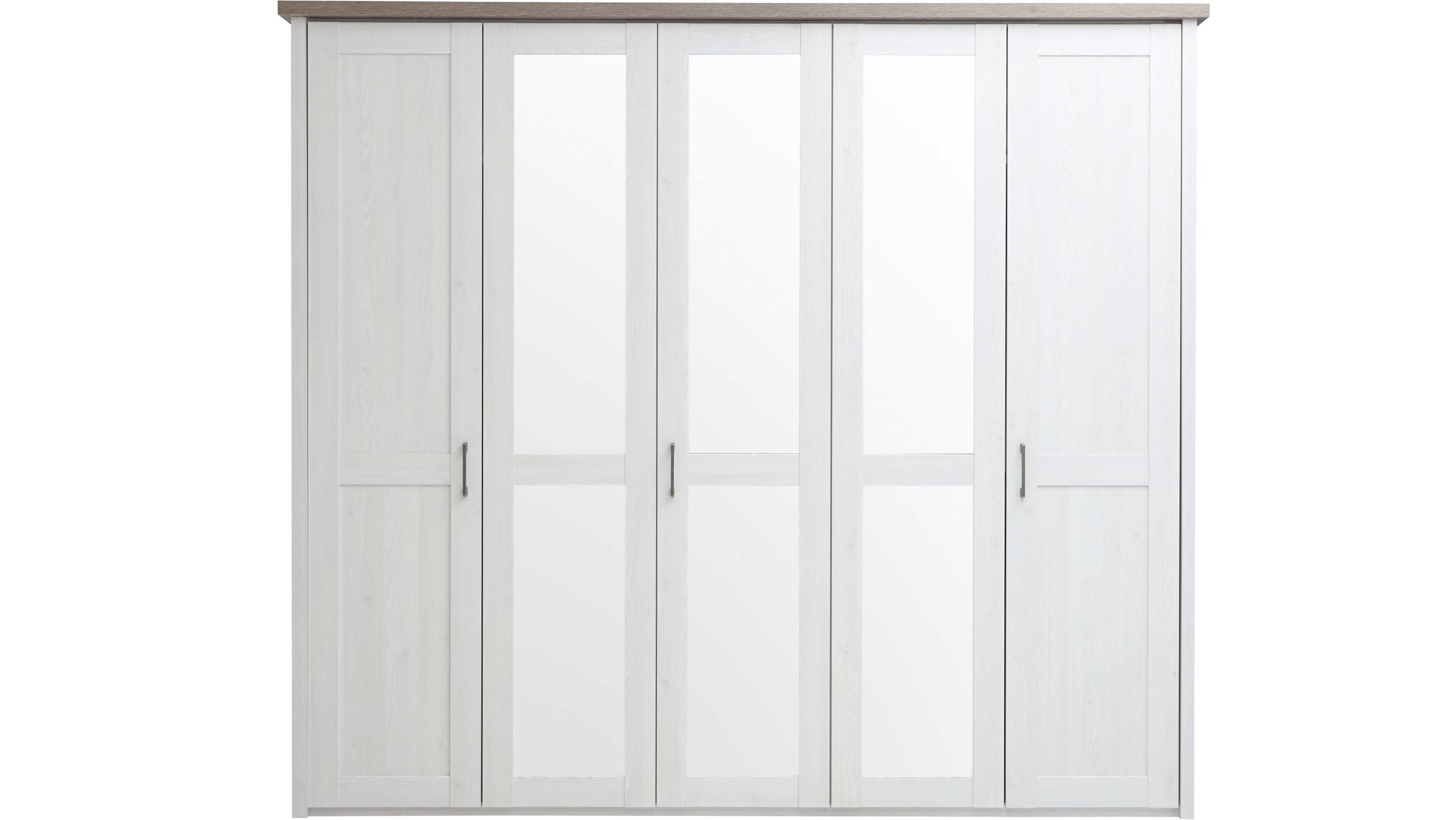 Fünftüriger Kleiderschrank mit weißen Türen und hellbraunem Oberteil
