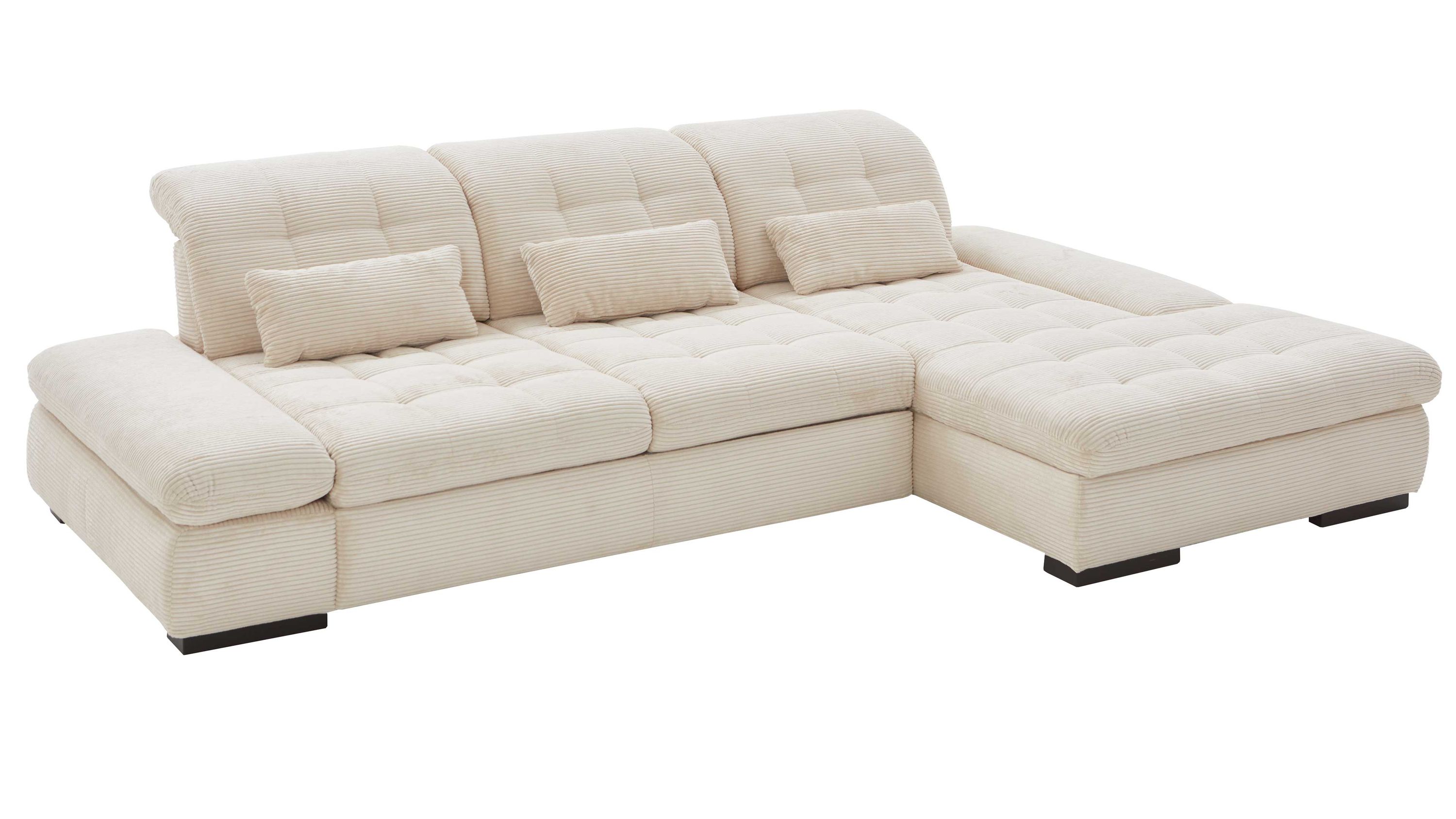 Ecksofa mit cremeweißem Breitcordbezug drei Rückenlehnen und schwarzen Holzfüßen