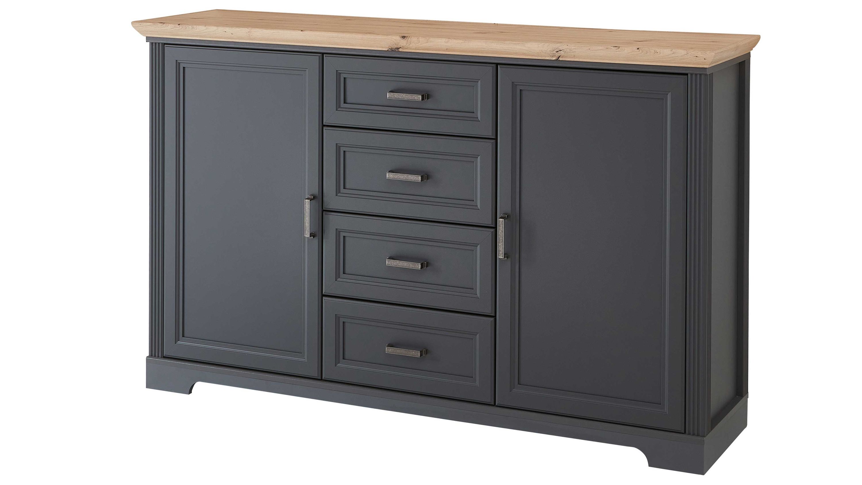 Sideboard mit vier Schubladen in der Mitte und zwei Türen seitlich dunkelgrau mit hellem Holzdeckel
